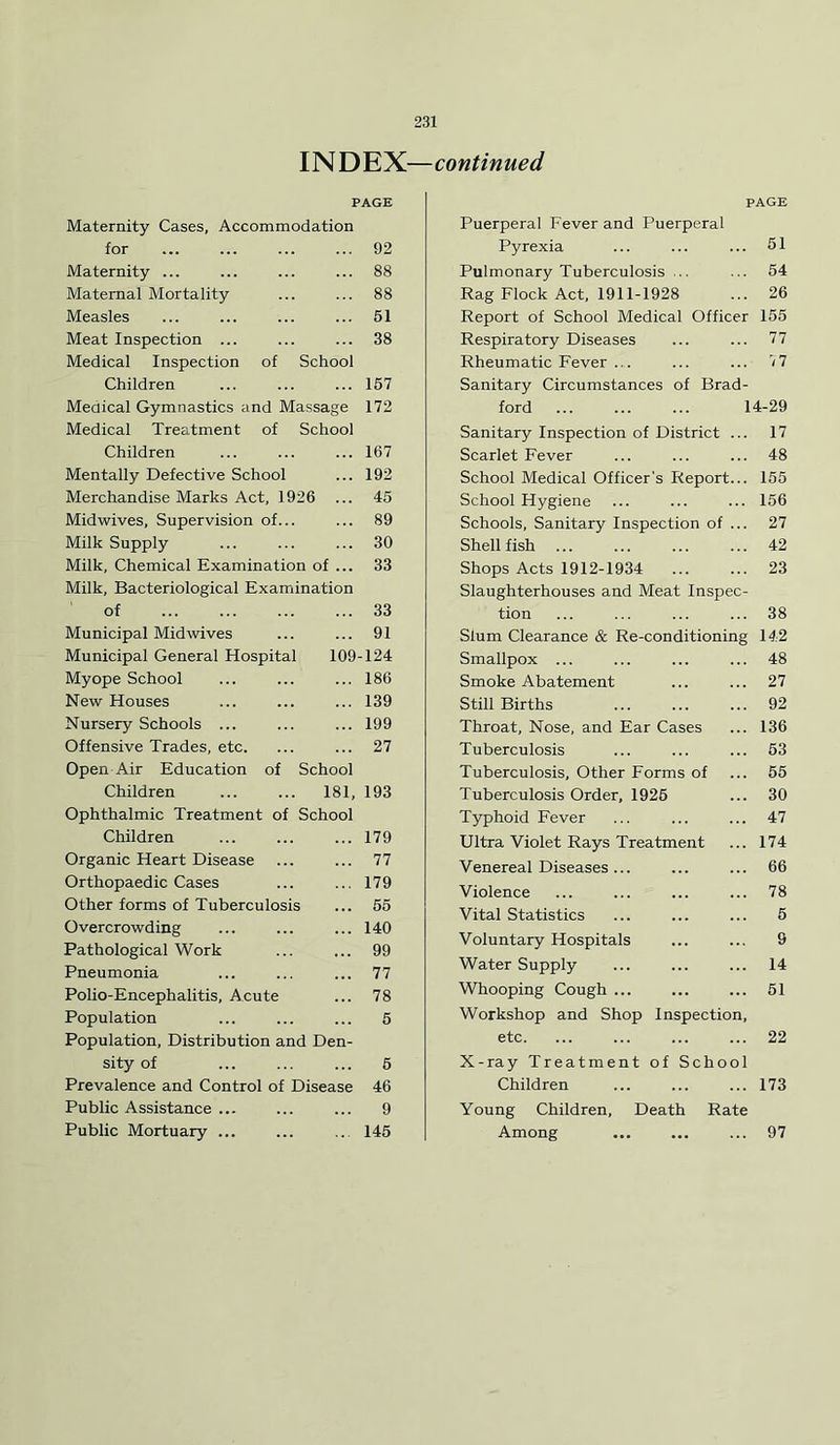 INDEX—continued PAGE Maternity Cases, Accommodation for 92 Maternity ... ... ... ... 88 Maternal Mortality ... ... 88 Measles ... ... ... ... 51 Meat Inspection ... ... ... 38 Medical Inspection of School Children ... ... ... 157 Medical Gymnastics and Massage 172 Medical Treatment of School Children 167 Mentally Defective School ... 192 Merchandise Marks Act, 1926 ... 45 Midwives, Supervision of... ... 89 Milk Supply ... ... ... 30 Milk, Chemical Examination of ... 33 Milk, Bacteriological Examination of 33 Municipal Mid wives ... ... 91 Municipal General Hospital 109-124 Myope School ... ... ... 186 New Houses ... ... ... 139 Nursery Schools ... ... ... 199 Offensive Trades, etc. ... ... 27 Open Air Education of School Children 181, 193 Ophthalmic Treatment of School Children ... ... ... 179 Organic Heart Disease ... ... 77 Orthopaedic Cases ... ... 179 Other forms of Tuberculosis ... 55 Overcrowding ... ... ... 140 Pathological Work ... ... 99 Pneumonia ... ... ... 77 Polio-Encephalitis, Acute ... 78 Population ... ... ... 5 Population, Distribution and Den- sity of ... ... ... 6 Prevalence and Control of Disease 46 Public Assistance ... ... ... 9 Public Mortuary ... ... ... 145 PAGE Puerperal Fever and Puerperal Pyrexia ... ... ... 51 Pulmonary Tuberculosis ... ... 54 Rag Flock Act, 1911-1928 ... 26 Report of School Medical Officer 155 Respiratory Diseases ... ... 77 Rheumatic Fever ... ... ... 7 7 Sanitary Circumstances of Brad- ford 14-29 Sanitary Inspection of District ... 17 Scarlet Fever ... ... ... 48 School Medical Officer’s Report... 155 School Hygiene ... ... ... 156 Schools, Sanitary Inspection of ... 27 Shell fish 42 Shops Acts 1912-1934 23 Slaughterhouses and Meat Inspec- tion ... ... ... ... 38 Slum Clearance & Re-conditioning 142 Smallpox ... ... ... ... 48 Smoke Abatement ... ... 27 Still Births ... ... ... 92 Throat, Nose, and Ear Cases ... 136 Tuberculosis ... ... ... 53 Tuberculosis, Other Forms of ... 55 Tuberculosis Order, 1925 ... 30 Typhoid Fever ... ... ... 47 Ultra Violet Rays Treatment ... 174 Venereal Diseases ... ... ... 66 Violence ... ... ... ... 78 Vital Statistics ... ... ... 5 Voluntary Hospitals ... ... 9 Water Supply ... ... ... 14 Whooping Cough ... ... ... 51 Workshop and Shop Inspection, etc. ... ... ... ... 22 X-ray Treatment of School Children ... ... ... 173 Young Children, Death Rate Among ... ... ... 97