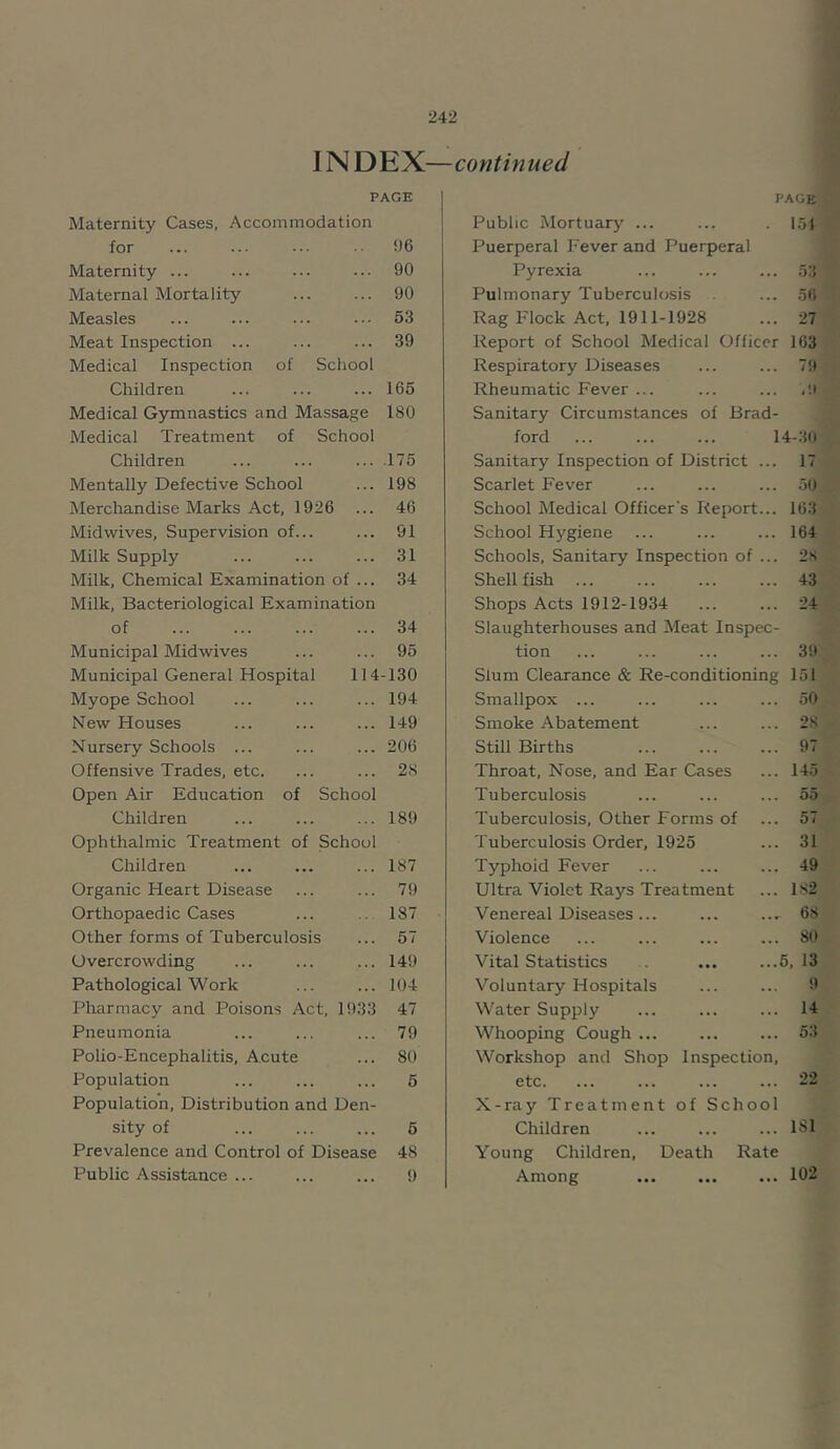 1NDEX—continued PAGE Maternity Cases, Accommodation for ... ... ... .. 96 Maternity ... ... ... ... 90 Maternal Mortality ... ... 90 Measles ... ... ... ... 53 Meat Inspection ... ... ... 39 Medical Inspection of School Children ... ... ... 165 Medical Gymnastics and Massage 180 Medical Treatment of School Children ... ... ... .175 Mentally Defective School ... 198 Merchandise Marks Act, 1926 ... 46 Mid wives. Supervision of... ... 91 Milk Supply ... ... ... 31 Milk, Chemical Examination of ... 34 Milk, Bacteriological Examination PAGE Public Mortuary ... ... 1.51 Puerperal Fever and Puerperal Pyrexia ... ... ... .53 Pulmonary Tuberculosis ... .56 Rag Flock Act, 1911-1928 ... 27 Report of School Medical Officer 163 Respiratory Diseases ... ... 79 Rheumatic Fever ... ... ... ,9 Sanitary Circumstances of Brad- ford ... ... ... 14-3(1 Sanitary Inspection of District ... 17 Scarlet Fever ... ... ... 50 School Medical Officer's Report... 163 School Hygiene ... ... ... 164 Schools, Sanitary Inspection of ... 2s Shell fish 43 Shops Acts 1912-1934 ... ... 24 of ... 34 Slaughterhouses and Meat Inspec- Municipal Midwives 95 tion 39 Municipal General Hospital 114-130 Slum Clearance & Re-conditioning 151 Myope School ... 194 Smallpox ... 50 New Houses . . . 149 Smoke Abatement 28 Nursery Schools ... . . . 206 Still Births 97 Offensive Trades, etc. 28 Throat, Nose, and Ear Cases 145 Open Air Education of School Tuberculosis 55 Children 189 Tuberculosis, Other Forms of 57 Ophthalmic Treatment of School Tuberculosis Order, 1925 31 Children 187 Typhoid Fever 49 Organic Heart Disease 79 Ultra Violet Rays Treatment FS2 Orthopaedic Cases 187 Venereal Diseases... 68 Other forms of Tuberculosis . . . 57 Violence 80 Overcrowding 149 Vital Statistics .. ... ...fi , 13 Pathological Work 104 Voluntary Hospitals 9 Pharmacy and Poisons Act. 1933 47 W'ater Supply 14 Pneumonia 79 Whooping Cough ... 53 Polio-Encephalitis, Acute ... 80 Workshop and Shop Inspection, Population 5 etc. 22 Population, Distribution and Den- X-ray Treatment of School sity of ... 5 Children 181 Prevalence and Control of Disease 48 Young Children, Death Rate Public Assistance ... ... 9 Among 102