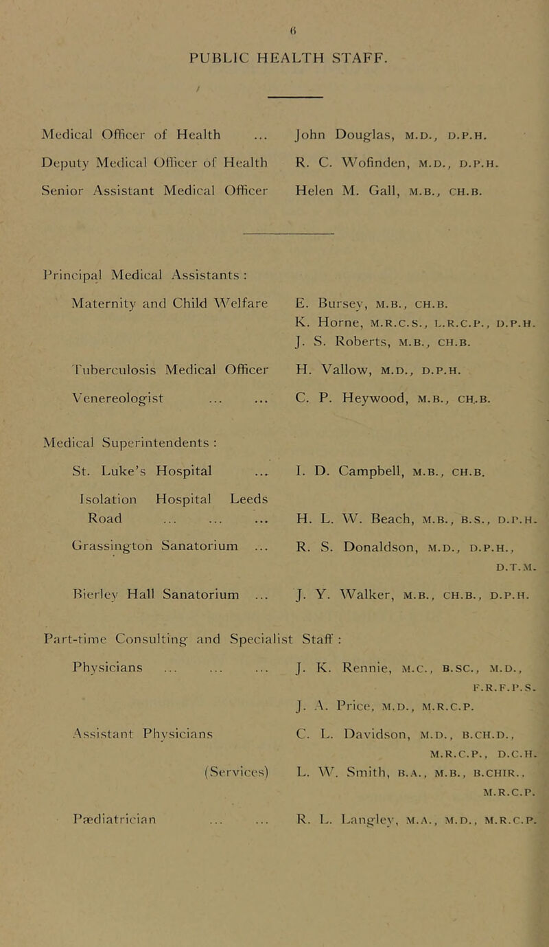 PUBLIC HEALTH STAFF. Medical Officer of Health ... John Doug-las, m.d., d.f.h. Deputy Medical Officer of Health R. C. Wofinden, .m.d., d.p.h. Senior .Assistant Medical Officer Helen M. Gall, .m.b., ch.b. IVincipal Medical .Assistants : Maternity and Child Welfare E. Bursey, m.b., ch.b. K. Horne, m.r.c.s., l.r.c.f., d.p.h. J. S. Roberts, m.b., ch.b. ruberculosis Medical Officer H. Vallow, M.D., d.p.h. Venereologist C. P. Heywood, m.b., ch,.b. Medical Superintendents : St. Luke’s Hospital 1. D. Campbell, m.b., ch.b. Isolation Hospital Leeds Road H. L. W. Beach, m.b., b.s., d.p.h. Grassington Sanatorium R. S. Donaldson, .m.d., d.p.h.. D.T..M. Rierley Hall Sanatorium J. Y. Walker, m.b., ch.b., d.p.h. Part-time Consulting and Specialist Staff Physicians J. K. Rennie, m.c., b.sc., m.d., P.R.F.P.S. ]. .\. Price, M.D., M.R.c.P. Assistant Physicians C. L. Davidson, m.d., b.ch.d.. (Services) M.R.c.P., D.C.H. L. M’. Smith, b..\., m.b., b.chir.. M.R.c.P. Pediatrician R. L. Langley, m..‘\., m.d., m.r.c.p.