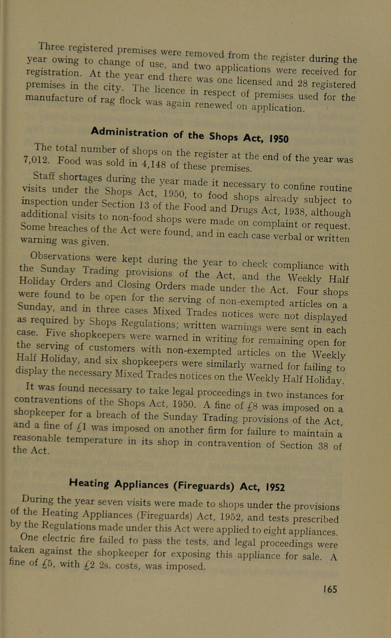 during the registration. At the year end th Pplications were received for premises in the city ^ The lir ^ licensed and 28 registered manufacture of rlfflock wasTal dg nock vas again renewed on application. Administration of the Shops Act. I9S0 The total number of shops on the remster ^ 7 m 9 11- ^ -icgiSLer at the end of the vear wac 7.012. Food was sold m 4,U8 of these premises. ^ visits under the Shops^Act TSo^'to^'^ necessary to confine routine a^dl^Snal -Z Observations were kept during the vear fn t the SnndaTr Tt^a- ^ ® check compliance with HoUh n a the Act, and the Weeklv Half Holiday Orders and Closing Orders made under the Act FonTn SunL°™‘'d° ““'-attempted articles o^a Sunday, and in three cases Mixed Trades notices were not disnlaved c“sr''Hve shL?°'’' ™tten warnings were sent in each thf 1 ^ shopkeepers were warned in writing for remaining open for H If customers with non-exempted articles on the Weeklv If Holiday, and six shopkeepers were similarly warned for failing to sp ay the necessary Mixed Trades notices on the Weekly Half Holiday It was found necessary to take legal proceedings in two instances for contraventions of the Shops Act. 1950. A fine of ^S was impos^L a provisions of the Act. the Act^ temperature m its shop in contravention of Section 38 of Heating Appliances (Fireguards) Act, I9S2 During the year seven visits were made to shops under the provisions f the Heating Appliances (Fireguards) Act, 1952, and tests prescribed y the Regulations made under this Act were applied to eight appliances. One electric fire failed to pass the tests, and legal proceedings were aken against the shopkeeper for exposing this appliance for sale. A nne of £d, with £2 2s. costs, was imposed.