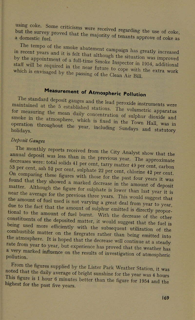 bm fhrstVeyTroW ‘he use of coke, a domestic fuel. ^ tenants approve of coke as in rec:„ryr by the appointment of a full-time Smok^^l ®‘*“^‘‘°n was improved staff wiU be required in the near {Zr^! ° which is envisaged by the passing of the Clean Airm‘''' Measurement of Atmospheric Pollution for measuring the La?dat toT';- smoke in the^tmo^p^re:’:L^tr^^^ thett^H^^^ ““ o„ throughout the year, including Su:da^s™anrs'taZ; Deposit Gauges an™:iZ“frititnt decreases were: total solids 41 per cent, tarry matter 49 perS^^Xn 03 per cent, ash 52 per cent, sulphate 22 per cent, chlortae 42 per“e„t n comparing these figures with those for the past four vear^ i found that they showed a marked decrease Z CJZIZZlZt, fh for sulphate is lower than last year it is the  previous three years. This would suggest that the amount of fuel used is not varying a great deal from ye^ tf yet tioLTt th<iirnctly propor- nstituents of the deposited matter, it would suggest that the fuel is comh,rM ^nbsequenfutiliraX of ihe ustible matter on the firegrates rather than being emitted into raf/f that the decrease will continue at a steady rom year to year, but experience has proved that the weather has polZr investigation of atmos^Ll From the figures supplied by the Lister Park Weather Station it was noted that the daily average of bright sunshine for the year was i ho^s nis hgure is 1 hour 6 minutes better than the figure for 1954 and the highest for the past five years.