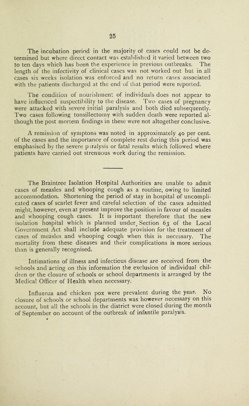 The incubation period in the majority of cases could not be de- termined but where direct contact was established it varied between two to ten days which has been the experience in previous outbreaks. The length of the infectivity of clinical cases was not worked out but in all cases six weeks isolation was enforced and no return cases associated with the patients discharged at the end of tliat period were reported. The condition of nourishment of individuals does not appear to have influenced suspectibility to the disease. Two cases of pregnancy were attacked with severe initial paralysis and both died subsequently. Two cases following tonsillectomy with sudden death were reported al- though the post mortem findings in these were not altogether conclusive. A remission of symptons was noted in approximately 40 per cent of the cases and the importance of complete rest during this period was emphasised by the severe piralysis or fatal results which followed where patients have carried out strenuous work during the remission. The Braintree Isolation Hospital Authorities are unable to admit cases of measles and whooping cough as a routine, owing to limited accommodation. Shortening the period of stay in hospital of uncompli- cated cases of scarlet fever and careful selection of the cases admitted might, however, even at present improve the position in favour of measles and whooping cough cases. It is important therefore that the new isolation hospital which is planned under^ Section 63 of the Local Government Act shall include adequate provision for the treatment of cases of measles and whooping cough when this is necessary. The mortality from these diseases and their complications is more serious than is generally recognised. Intimations of illness and infectious disease are received from the schools and acting on this information the exclusion of individual chil- dren or the closure of schools or school departments is arranged by the Medical Officer of Health when necessary. Influenza and chicken pox were prevalent during the yea^. No closure of schools or school departments was however necessary on this account, but all the schools in the district were closed during the month of September on account of the outbreak of infantile paralysis.