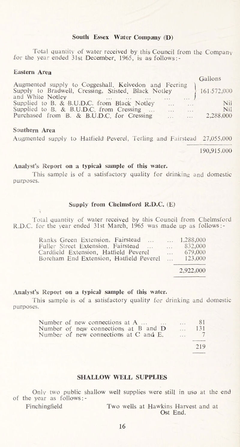 Soutlil Essex Waiter Company (ID) Total quan.lity of wateir received iby this Council from the Companv for the year ended Shst Decemiber, 1965, isi as follows Eastern Area Augmeniteid supply to Coiggeshall, Kelvedon and Feering i Supply to Bradiwell, Ciressing, Sti'sted, Black Notley ' and White Notley ... ... ... ... ... ) Supplied to B. & B.U.:DjC. from Black Nodey Supplied to B. & B.U.D.C. from Cressing Purchaised from B. & B.U.1D.C. for Cressing Gallons 161-572,000 Nil Nil 2,288,000 S cm them Area Augmented supply to .Hatfield) Beveireil, Terling and Fairstead 27,055,000 190,915,000 Analyst’s Report on a typicaJ sample of this water. This iSample is of a satisfactory quality for .drinkinig and domestic purposes. Supply from Chelmsford R.D.C. (E) Total quantity of water received by Ibis Council .from Chelmsford R.D.C. for the year ended 31st March, 1965 was .made up as follows Ranks Green Extension, Fairstead Fuller Street Extension, Fairstead Cardfieid Extension, Hatfield Beverel Bo reham .End Extension, Hatfield Peverel 1,288,000 832.000 679.000 123.000 2,922,000 Analyst’s Report on a typicaf sample of this water. This sample is .of a satisfactory quality for drinkinig and domestic purposes. Number of new connections at A ... ... ... 81 Number of neiw connectioms at B and D ... 131 Number of new connectioms at C and E. ••• 7 219 SHALLOW WELL SUPPLIES Only two public shallow well supplies were still in use at the end of the year as follows: - Finichingitield Two wells at Hawkins Harvest and at Ost End.