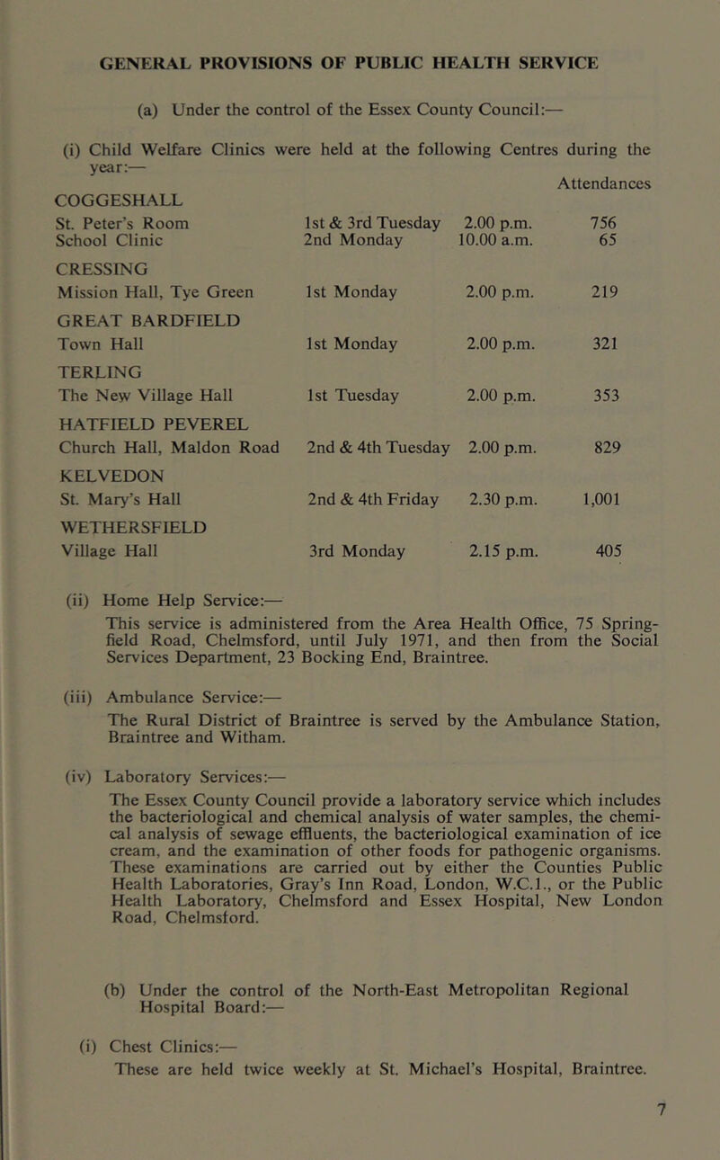 GENERAL PROVISIONS OF PUBLIC HEALTH SERVICE (a) Under the control of the Essex County Council:— (i) Child Welfare Clinics were held at the following Centres during the year:— COGGESHALL St. Peter’s Room 1st & 3rd Tuesday 2.00 p.m. Attendances 756 School Clinic 2nd Monday 10.00 a.m. 65 CRESSING Mission Hall, Tye Green 1st Monday 2.00 p.m. 219 GREAT BARDFIELD Town Hall 1st Monday 2.00 p.m. 321 TERLING The New Village Hall 1st Tuesday 2.00 p.m. 353 HATFIELD PEVEREL Church Hall, Maldon Road 2nd & 4th Tuesday 2.00 p.m. 829 KELVEDON St. Mar>'’s Hall 2nd & 4th Friday 2.30 p.m. 1,001 WETHERSFIELD Village Hall 3rd Monday 2.15 p.m. 405 (ii) Home Help Service:— This service is administered from the Area Health OflBce, 75 Spring- field Road, Chelmsford, until July 1971, and then from the Social Services Department, 23 Bocking End, Braintree. (iii) Ambulance Service:— The Rural District of Braintree is served by the Ambulance Station, Braintree and Witham. (iv) Laboratory Services:— The Essex County Council provide a laboratory service which includes the bacteriological and chemical analysis of water samples, the chemi- cal analysis of sewage effluents, the bacteriological examination of ice cream, and the examination of other foods for pathogenic organisms. These examinations are carried out by either the Counties Public Health Laboratories, Gray’s Inn Road, London, W.C.I., or the Public Health Laboratory, Chelmsford and Essex Hospital, New London Road, Chelmsford. (b) Under the control of the North-East Metropolitan Regional Hospital Board:— (i) Chest Clinics:— These are held twice weekly at St. Michael’s Hospital, Braintree.