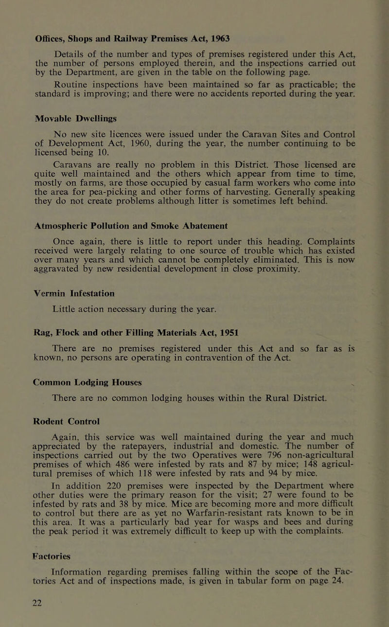 Oflices, Shops and Railway Premises Act, 1%3 Details of the number and types of premises registered under this Act, the number of persons employed therein, and the inspections carried out by the Department, are given in the table on the following page. Routine inspections have been maintained so far as practicable; the standard is improving; and there were no accidents reported during the year. Movable Dwellings No new site licences were issued under the Caravan Sites and Control of Development Act, 1960, during the year, the number continuing to be licensed being 10. Caravans are really no problem in this District. Those licensed are quite well maintained and the others which appear from time to time, mostly on farms, are those occupied by casual farm workers who come into the area for pea-picking and other forms of harvesting. Generally speaking they do not create problems although litter is sometimes left behind. Atmospheric Pollution and Smoke Abatement Once again, there is little to report under this heading. Complaints received were largely relating to one source of trouble which has existed over many years and which cannot be completely eliminated. This is now aggravated by new residential development in close proximity. Vermin Infestation Little action necessary during the year. Rag, Flock and other Filling Materials Act, 1951 There are no premises registered under this Act and so far as is known, no persons are operating in contravention of the Act. Common Lodging Houses There are no common lodging houses within the Rural District. Rodent Control Again, this service was well maintained during the year and much appreciated by the ratepayers, industrial and domestic. The number of inspections carried out by the two Operatives were 796 non-agricultural premises of which 486 were infested by rats and 87 by mice; 148 agricul- tural premises of which 118 were infested by rats and 94 by mice. In addition 220 premises were inspected by the Department where other duties were the primary reason for the visit; 27 were found to be infested by rats and 38 by mice. Mice are becoming more and more difficult to control but there are as yet no Warfarin-resistant rats known to be in this area. It was a particularly bad year for wasps and bees and during the peak period it was extremely difficult to keep up with the complaints. Factories Information regarding premises falling within the scope of the Fac- tories Act and of inspections made, is given in tabular form on page 24.