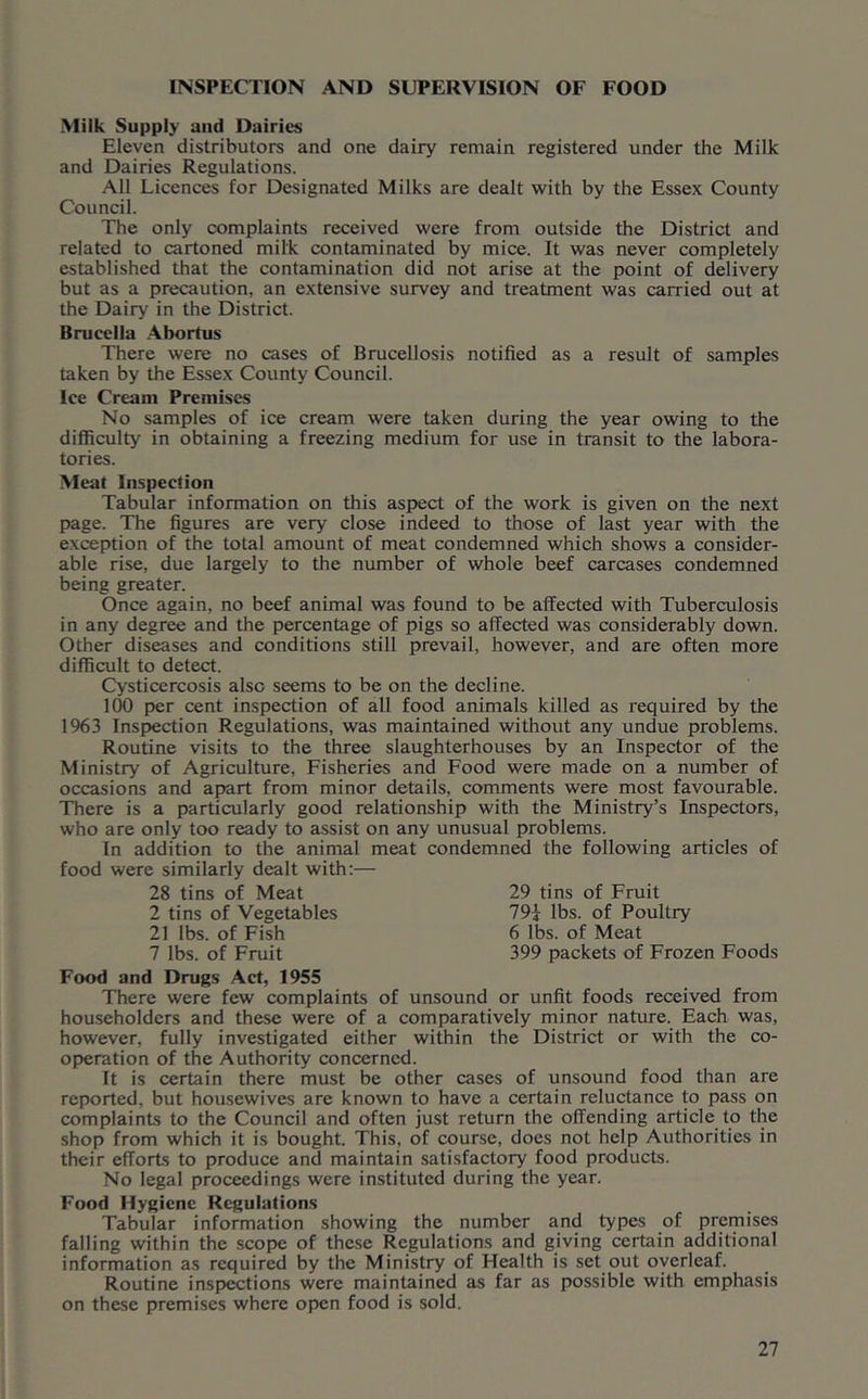 INSPECTION AND SUPERVISION OF FOOD Milk Supply and Dairies Eleven distributors and one dairy remain registered under the Milk and Dairies Regulations. All Licences for Designated Milks are dealt with by the Essex County Council. The only complaints received were from outside the District and related to cartoned milk contaminated by mice. It was never completely established that the contamination did not arise at the point of delivery but as a precaution, an extensive survey and treatment was carried out at the Dairy in the District. Brucella .Abortus There were no cases of Brucellosis notified as a result of samples taken by the Essex County Council. Ice Cream Premises No samples of ice cream were taken during the year owing to the difficulty in obtaining a freezing medium for use in transit to the labora- tories. Meat Inspection Tabular information on this aspect of the work is given on the next page. The figures are very close indeed to those of last year with the exception of the total amount of meat condemned which shows a consider- able rise, due largely to the number of whole beef carcases condemned being greater. Once again, no beef animal was found to be affected with Tuberculosis in any degree and the percentage of pigs so affected was considerably down. Other diseases and conditions still prevail, however, and are often more difficult to detect. Cysticercosis also seems to be on the decline. 100 per cent inspection of all food animals killed as required by the 1963 Insf)ection Regulations, was maintained without any undue problems. Routine visits to the three slaughterhouses by an Inspector of the Ministry of Agriculture, Fisheries and Food were made on a number of occasions and apart from minor details, comments were most favourable. There is a particularly good relationship with the Ministry’s Inspectors, who are only too ready to assist on any unusual problems. In addition to the animal meat condemned the following articles of food were similarly dealt with;— 29 tins of Fruit 79i lbs. of Poultry 6 lbs. of Meat 399 packets of Frozen Foods 28 tins of Meat 2 tins of Vegetables 21 lbs. of Fish 7 lbs. of Fruit Food and Drugs Act, 1955 There were few complaints of unsound or unfit foods received from householders and these were of a comparatively minor nature. Each was, however, fully investigated either within the District or with the co- operation of the Authority concerned. It is certain there must be other cases of unsound food than are reported, but housewives are known to have a certain reluctance to pass on complaints to the Council and often just return the offending article to the shop from which it is bought. This, of course, does not help Authorities in their efforts to produce and maintain satisfactory food products. No legal proceedings were instituted during the year. Food Hygiene Regulations Tabular information showing the number and types of premises falling within the scope of these Regulations and giving certain additional information as required by the Ministry of Health is set out overleaf. Routine inspections were maintained as far as possible with emphasis on these premises where open food is sold.