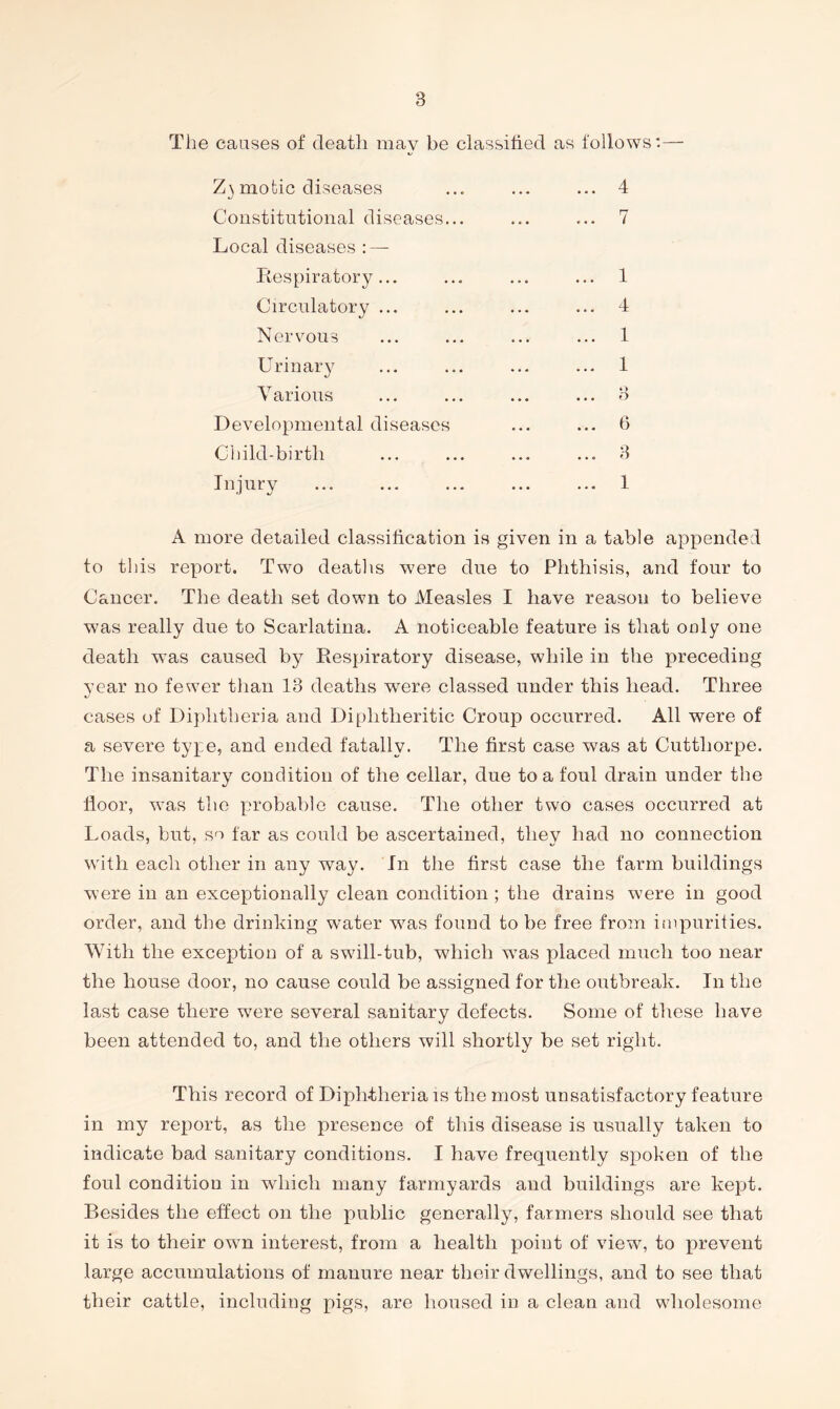 The causes of death may be classified as follows*.— Z\mofcic diseases ... ... ... 4 Constitutional diseases... ... ... 7 Local diseases : — Respiratory... ... ... ... 1 Circulatory ... ... ... ... 4 Nervous ... ... ... ... 1 Urinary ... ... ... ... 1 Various ... ... ... ... 3 Developmental diseases ... ... 6 Child-birth ... ... ... ... 3 Injury ... ... ... ... ... 1 A more detailed classification is given in a table appended to this report. Two deaths were due to Phthisis, and four to Cancer. The death set down to Measles I have reason to believe w^as really due to Scarlatina. A noticeable feature is that ooly one death was caused by Respiratory disease, while in the preceding year no fewer than 13 deaths were classed under this head. Three cases of Dijditheria and Diphtheritic Croup occurred. All were of a severe type, and ended fatally. The first case was at Cutthorpe. The insanitary condition of the cellar, due to a foul drain under the floor, was the probable cause. The other two cases occurred at Loads, but, so far as could be ascertained, they had no connection with each other in any way. In the first case the farm buildings were in an exceptionally clean condition ; the drains were in good order, and the drinking water was found to be free from iinpurifies. With the exception of a swill-tub, which was placed much too near the house door, no cause could be assigned for the outbreak. In the last case there were several sanitary defects. Some of these have been attended to, and the others will shortly be set right. This record of Diphtheria is the most unsatisfactory feature in my report, as the presence of this disease is usually taken to indicate bad sanitary conditions. I have frequently spoken of the foul condition in which many farmyards and buildings are kept. Besides the effect on the public generally, farmers should see that it is to their own interest, from a health point of view, to prevent large accumulations of manure near their dwellings, and to see that their cattle, including pigs, are lioused in a clean and wholesome