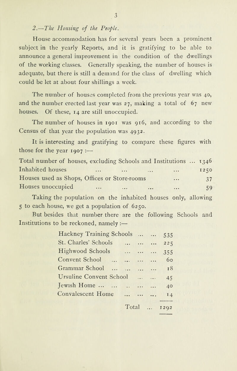 2.—The Housing of the People. House accommodation has for several years been a prominent subject in the yearly Reports, and it is gratifying to be able to announce a general improvement in the condition of the dwellings of the working classes. Generally speaking, the number of houses is adequate, but there is still a demand for the class of dwelling which could be let at about four shillings a week. The number of houses completed from the previous year was 40, and the number erected last year was 27, making a total of 67 new houses. Of these, 14 are still unoccupied. The number of houses in 1901 was 916, and according to the Census of that year the population was 4932. It is interesting and gratifying to compare these figures with those for the year 1907 :— Total number of houses, excluding Schools and Institutions ... 1346 Inhabited houses ... ... ... ... 1250 Houses used as Shops, Offices or Store-rooms ... 37 Houses unoccupied ... ... ... ... 59 Taking the population on the inhabited houses only, allowing 5 to each house, we get a population of 6250. But besides that number there are the following Schools and Institutions to be reckoned, namely :— Hackney Training Schools ... ••• 535 St. Charles’ Schools ... 225 Highwood Schools ••• 355 Convent School 60 Grammar School 18 Ursuline Convent School 45 Jewish Home 40 Convalescent Home 14 Total ... 1292