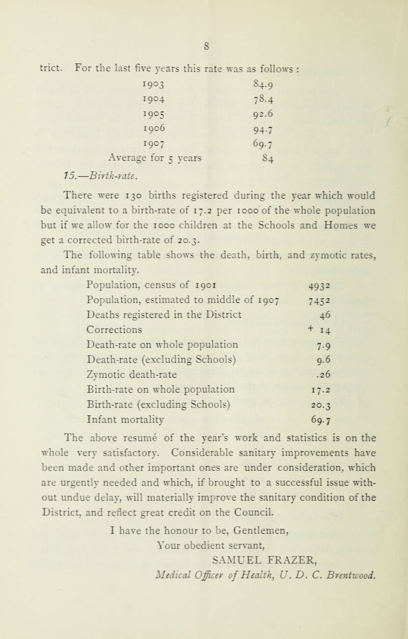 trict. For the last five years this rate was as follows : 84.9 78.4 92.6 1907 Average for 5 years 15.—Bi}ih-rate. There were 130 births registered during the year which would be equivalent to a birth-rate of 17.2 per loco'of the whole population but if we allow for the looc children at the Schools and Homes we get a corrected birth-rate of 20.3. The following table shows the death, birth, and zymotic rates, and infant mortality. Population, census of 1901 Population, estimated to middle of 1907 Deaths registered in the District Corrections Death-rate on whole population Death-rate (excluding Schools) Zymotic death-rate Birth-rate on whole population Birth-rate (excluding Schools) Infant mortalitv 4932 7452 46 + 14 7-9 9.6 .26 17.2 20.3 69.7 The above resume of the year’s work and statistics is on the whole very satisfactory. Considerable sanitar}' improvements have been made and other important ones are under consideration, which are urgently needed and which, if brought to a successful issue with- out undue delay, will materially improve the sanitary condition of the District, and reflect great credit on the Council. I have the honour to be. Gentlemen, Your obedient servant, SAMUEL FRAZER, Medical Officer of Health, U. D. C. Brentwood.