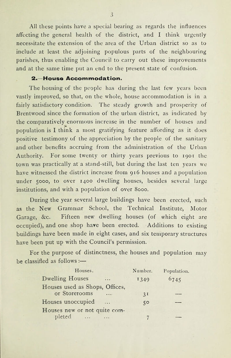All these points have a special bearing as regards the influences affecting the general health of the district, and I think urgently necessitate the extension of the area of the Urban district so as to include at least the adjoining populous parts of the neighbouring parishes, thus enabling the Council to carry out these improvements and at the same time put an end to the present state of confusion. 2.—House Accommodation. The housing of the people has during the last few years been vastly improved, so that, on the whole, house accommodation is in a fairly satisfactory condition. The steady growth and prosperity of Brentwood since the formation of the urban district, as indicated by the comparatively enormous increase in the number of houses and population is I think a most gratifying feature affording as it does positive testimony of the appreciation by the people of the sanitary and other benefits accruing from the administration of the Urban Authority. For some twenty or thirty years previous to 1901 the town was practically at a stand-still, but during the last ten years we have witnessed the district increase from 916 houses and a population under 5000, to over 1400 dwelling houses, besides several large institutions, and with a population of over 8000. During the year several large buildings have been erected, such as the New Grammar School, the Technical Institute, Motor Garage, &c. Fifteen new dwelling houses (of which eight are occupied), and one shop have been erected. Additions to existing buildings have been made in eight cases, and six temporary structures have been put up with the Council’s permission. For the purpose of distinctness, the houses and population may be classified as follows :— Houses. Number. Population. 1349 6745 Dwelling Houses Houses used as Shops, Offices, or Storerooms Houses unoccupied Houses new or not quite com- 31 50 pleted 7