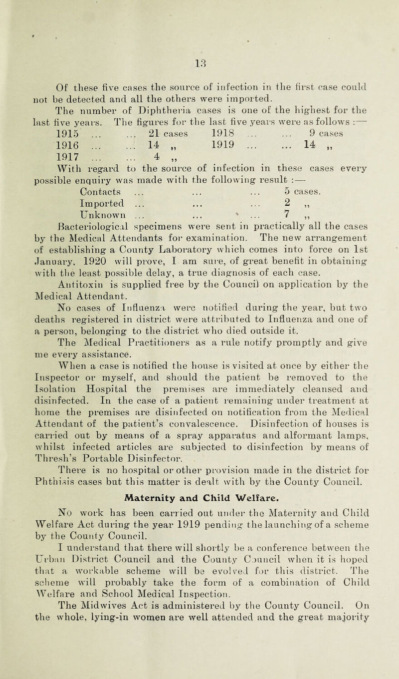 Of these five cases the source of infection in the first case could not be detected and all the others were imported. The number of Diphtheria cases is one of the highest for the last five years. The figures for the last five years were as follows 1915 ... ... 21 cases 1918 ... ... 9 cases 1916 14 „ 1919 14 „ 1917 4 „ With regard to the soui’ce of infection in these cases every possible enquiry was made with the following result : — Contacts ... ... ... 5 cases. Imported ... ... ... 2 ,, Unknown ... ... ' ... 7 ,, Bacteriological specimens were sent in practically all the cases hy the Medical Attendants for examination. The new arrangement of establishing a County Laboratory which comes into force on 1st January, 1920 will prove, I am sure, of great benefit in obtaining with tlie least possible delay, a true diagnosis of each case. Antitoxin is supplied free by the Council on application by the Medical Attendant. No cases of Influenza were notified during the year, but two deaths registered in district were attributed to Influenza and one of a person, belonging to the district who died outside it. The Medical Practitioners as a rule notify promptly and give me every assistance. When a case is notified the house is visited at once by either the Inspector or mj^self, and should the patient be removed to the Isolation Hospital the premises are immediately cleansed and disinfected. In the case of a patient remaining under treatment at home the premises are disinfected on notification from the Medical Attendant of the patient’s convalescence. Disinfection of houses is carried out by means of a spray apparatus and alformant lamps, whilst infected articles are subjected to disinfection by means of Thresh’s Portable Disinfector. There is no hospital or other provision made in the district for Phtbi.sis cases but this matter is dealt with by the County Council. Maternity and Child Welfare. No work has been carried out under the Maternity and Child Welfare Act during the year 1919 pending the launching of a scheme by the County Council. I understand that there will shortly be a conference between the L^rban District Council and the County C.3uncil when it is hoped that a workable scheme will be evolved for this district. The scheme will probably take the form of a combination of Child Welfare and School Medical Inspection. The Midwives Act is administered by the County Council. On the whole, lying-in wonien are well attended and the great majority