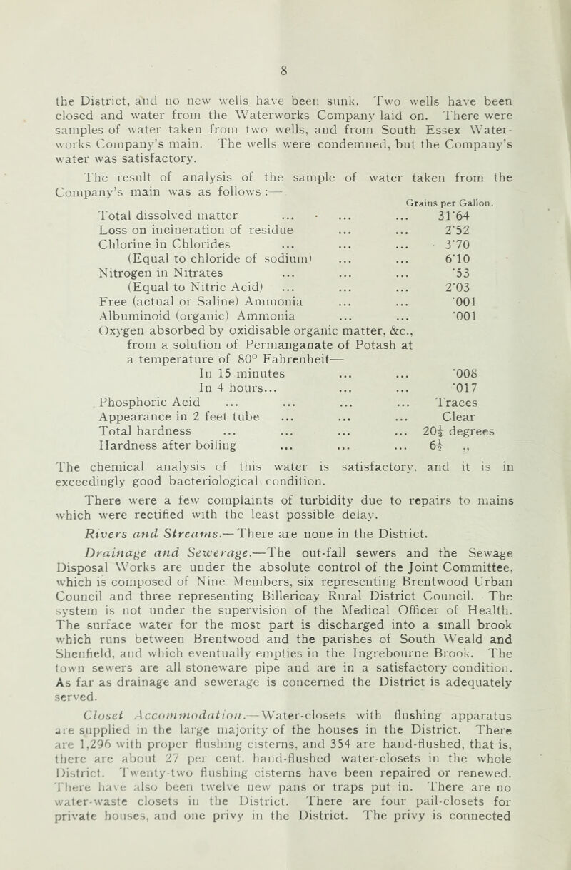 the District, and no new wells have been sunk. Two wells have been closed and water from the Waterworks Companj^ laid on. There were samples of water taken from two wells, and from South Essex Water- works Company’s main. The wells were condemned, but the Company’s water was satisfactory. The result of analysis of the sample of water taken from the Company’s main was as follows :— Grains per Gallon. Total dissolved matter 31-64 Loss on incineration of residue 2-52 Chlorine in Chlorides 3-70 (Equal to chloride of sodiumi 6-10 Nitrogen in Nitrates '53 (Equal to Nitric Acid) 2-03 Free (actual or Saline) Ammonia •001 Albuminoid (organic) Ammonia Oxygen absorbed by oxidisable organic matter, &c., from a solution of Permanganate of Potash at a temperature of 80° Fahrenheit— •001 In 15 minutes •008 In 4 hours... •017 Phosphoric Acid Traces Appearance in 2 feet tube Clear Total hardness 20i degrees Hardness after boiling „ The chemical analysis of this water is satisfactory, and it is in exceedingly good bacteriological condition. There were a few complaints of turbidity due to repairs to mains which were rectified with the least possible delay. Rivet'S and Streams.— There are none in the District. Drainage and Seiverage.—The out-fall sewers and the Sewage Disposal Works are under the absolute control of the Joint Committee, which is composed of Nine Members, six representing Brentwood Urban Council and three representing Billericay Rural District Council. The system is not under the supervision of the Medical Officer of Health. The surface water for the most part is discharged into a small brook which runs between Brentwood and the parishes of South Weald and Shenfield, and which eventually empties in the Ingrebourne Brook. The town sewers are all stoneware pipe and are in a satisfactory condition. As far as drainage and sewerage is concerned the District is adequately served. Closet Accommodation.— Water-closets with flushing apparatus •iie supplied in the large majority of the houses in the District. There are 1,296 with proper flushing cisterns, and 354 are hand-flushed, that is, there are aljout 27 per cent, hand-flushed water-closets in the whole District. 'I'weuty-two flushing cisterns have been repaired or renewed. '1 here have also been twelve new pans or traps put in. There are no water-waste closets in the District. There are four pail-closets for private houses, and one privy in the District. The privy is connected