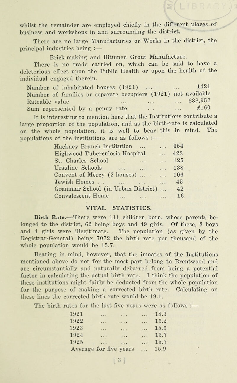 whilst the remainder are employed chiefly in the different places of business and workshops in and surrounding the district. There are no large Manufactories or Works in the district, the principal industries being :— Brick-making and Bitumen Grout Manufacture. There is no trade carried on, which can be said to have a deleterious effect upon the Public Health or upon the health of the individual engaged therein. Number of inhabitated houses (1921) ... ... 1421 Number of families or separate occupiers (1921) not available Rateable value ... ... ••• ••• £38,957 Sum represented by a penny rate ... ... £160 It is interesting to mention here that the Institutions contribute a large proportion of the population, and as the birth-rate is calculated on the whole population, it is well to bear this in mind. The populations of the institutions are as follows :— Hackney Branch Institution ... ... 354 Highwood Tuberculosis Hospital ... 423 St. Charles School ... ... ... 125 Ursuline Schools ... ... ... 138 Convent of Mercy (2 houses) ... ... 106 Jewish Homes ... ... ... ... 45 Grammar School (in Urban District) ... 42 Convalescent Home ... ... ... 16 VITAL STATISTICS. Birth Rate.—There were 111 children born, whose parents be- longed to the district, 62 being boys and 49 girls. Of these, 3 boys and 4 girls were illegitimate. The population (as given by the Registrar-General) being 7072 the birth rate per thousand of the whole population would be 15.7. Bearing in mind, however, that the inmates of the Institutions mentioned above do not for the most part belong to Brentwood and are circumstantially and naturally debarred from being a potential factor in calculating the actual birth rate. I think the population of these institutions might fairly be deducted from the whole population for the purpose of making a corrected birth rate. Calculating on these lines the corrected birth rate would be 19.1. The birth rates for the last five years were as follows :— 1921 ... 18.3 1922 ... 16.2 1923 ... 15.6 1924 ... 13.7 1925 ... 15.7 Average for five years ... 15.9 [31