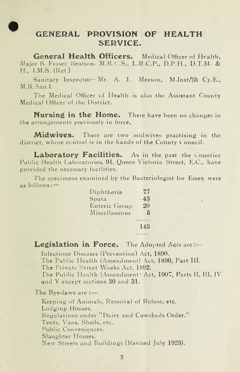 GENERAL PROVISION OF HEALTH SERVICE. General Health Officers. Medical Officer of Health, Major K. Fraser Featson. M.K.C.S., L.R.C.P,, D.P.H., D.T.M. & H.. l.M.S. (Ret.) Sanitary Inspector—Mr. A. J. A-leeson, M.Inst/y& Cy.E., M.R.San.l. The Medical Officer of Health is also the Assistant County Medical Officer of the District. Nursing in the Home. There have been no changes in the arrangements previously in force, Midwives. There are two midwives practising in the district, whose control is in the hands of the County C ouncil. Laboratory Facilities. As in the past the Counties Public Health Laboratories, 91, Queen Victoria Street, E.C., have provided the necessary facilities. The specimens examined by the Bacteriologist for Essex were as follows : — Diphttieria 77 Sputa ‘43 Enteric Group 20 Miscellaneous 5 145 Legislation in Force. The Adopted Acts are :— Infectioue Diseases (Prevention) Act, 1890. The Public Health (xAmendment) Act, 1890, Part 111. The Private Street Works Act, 1892. The Public Health (Amendment) Act, 1907, Parts 11, III, IV and A' except sections 30 and 31. The Bye-laws are :— Keeping of Animals, R.emoval of Refuse, etc. Lodging Houses. Regulations under Dairy and Cowsheds Order.” d'ents, Vans. Sheds, etc. Public Conveniences. Slaughter Houses. New Streets and Buildings (Revised July 1925).