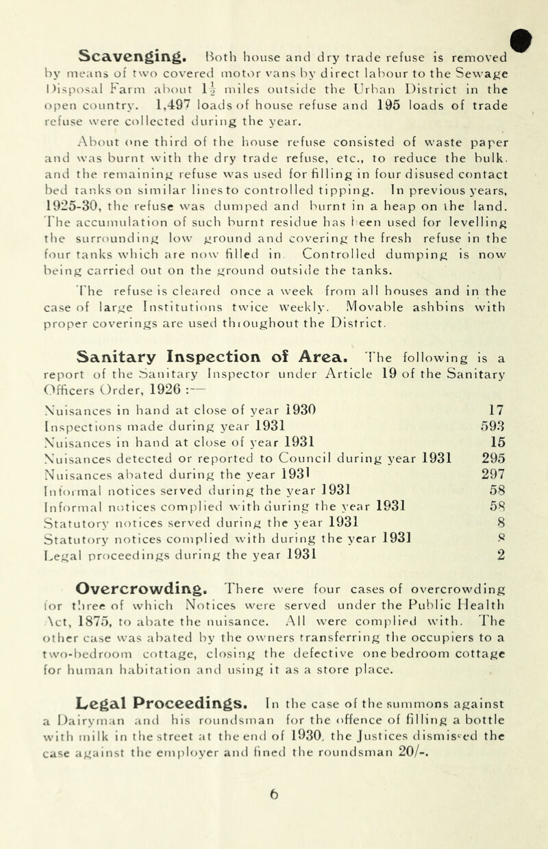 Sca.V0I\^il\gt Both house and dry trade refuse is removed by means of two covered motor vans by direct labour to the Sewaj^e Ihsposal tarm about miles outside the Urban District in the open country. 1,497 loads of house refuse and 195 loads of trade refuse were collected during the year. About one third of the liouse refuse consisted of waste paper and was burnt with the dry trade refuse, etc., to reduce the bulk, and tlie remaining refuse was used for filling in four disused contact bed tanks on similar lines to controlled tipping. In previous years, 1925-30, the refuse was dumped and burnt in a heap on the land. The accumulation of such burnt residue has been used for levelling the surrounding low ground and covering the fresh refuse in the fiiur tanks which are now filled in Controlled dumping is now being carried out on the ground outside the tanks. I'he refuse is cleared once a week from all houses and in the case of large Institutions twice weekly. Movable ashbins with proper coverings are used throughout the District. Sanitary Inspection of Area. The following is a report of the Sanitary Inspector under Article 19 of the Sanitary Officers (3rder, 1926 : — Nuisances in hand at close of year 1930 17 Inspections made during year 1931 59.3 Nuisances in hand at close of year 1931 15 Nuisances detected or reported to Council during year 1931 295 Nuisances abated during the year 193^ 297 Informal notices served during the year 1931 58 Informal notices complied with during the year 1931 58 .Statutory notices served during the year 1931 8 Statutory notices complied with during the year 1931 Legal proceedings during the year 1931 2 Overcrowding. There were four cases of overcrowding lor tliree of which Notices were served under the Public Health Act, 1875, to abate the nuisance. All were complieil with. The other case was abated by the owners transferring the occupiers to a two-bedroom cottage, closing the defective one bedroom cottage for human habitation and using It as a store place. L/Cgdll Proceedings. In the case of the summons against a Dairyman and his rr)undsman for the offence of filling a bottle with milk In the street at the end of 1930, the Justices dismis^^^ed the case against tlie employer and lined the roundsman 20/-.