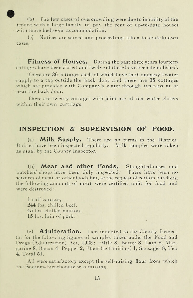 (b) The few cases of overcrowding were due to inability of the tenant with a large family to pay the rent of up-to-date houses with mure bedroom accommodation. (c) Notices are served and firoceedings taken to a,bate known cases. Fitness of Houses. During the past three years fourteen cottages have been closed and twelve of these have been demolished. d'here are 36 cottages each of which have the Company’s water supply to a tap outside the back door and there are 36 cottages which are provided with Company’s water through ten taps at or near the back door. There are twenty cottages with joint use of ten water closets within their own curtilage. INSPECTION 81 SUPERVISION OF FOOD. (a) A\ilk Supply. There are no farms in the District. Dairies have been inspected regularly. Milk samples were taken as usual by the County Inspector. (b) Meat and other Foods. Slaughterhouses and butchers’ shops have been duly inspected. There have been no seizures of meat or other foods but, at the request of certain butchers, the following amounts of meat were certified unfit for food and were destroyed : 1 calf carcase, 244 lbs. chilled beef. 45 lbs. chilled mutton. 15 lbs. loin of pork. (c) Adult0ration. I am indebted to the County Inspec- tor [or the following figures of samples taken under the Food and Drugs (Adulteration) Act, 1928:—Milk 8, Butter 8, Lard 8, Mar- garine 8, Bacon 4, Pepper 2, Flour (self-raising) 1, Sausages 8, Tea 4. Total 51. -All were satisfactory except the self-raising flour from which the Sodium-Bicarbonate was missing.