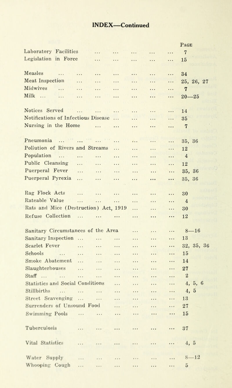 INDEX—Continued Laboratory Facilities Legislation in Force Page 7 15 Measles Meat Inspection Midwives Milk 34 25, 26, 27 7 20—25 Notices Served Notifications of Infectious Disease ... Nursing in the Home 14 35 7 Pneumonia ... ... ... Pollution of Rivers and Streams Population Public Cleansing- Puerperal Fever Puerperal Pyrexia ... 35, 36 12 4 12 35, 36 35, 36 Rag Flock Acts Rateable Value Rats and Mice (De.'^truction) Act, Refuse Collection 919 30 4 30 12 Sanitary Circumstances of the Area Sanitary Inspection ... Scarlet Fever Schools Smoke Abatement ... Slaughterhouses Staff Statistics and Social Conditions Stillbirths Street Scavenging ... Surrenders of Unsound Food Swimming Pools 8—16 13 32, 35, 36 15 14 27 2 4, 5, 6 4, 5 13 27 15 T uberculosis 37 Vital Statistics 4, 5 Water Sui)ply Whof>j)ing Cough 8—12