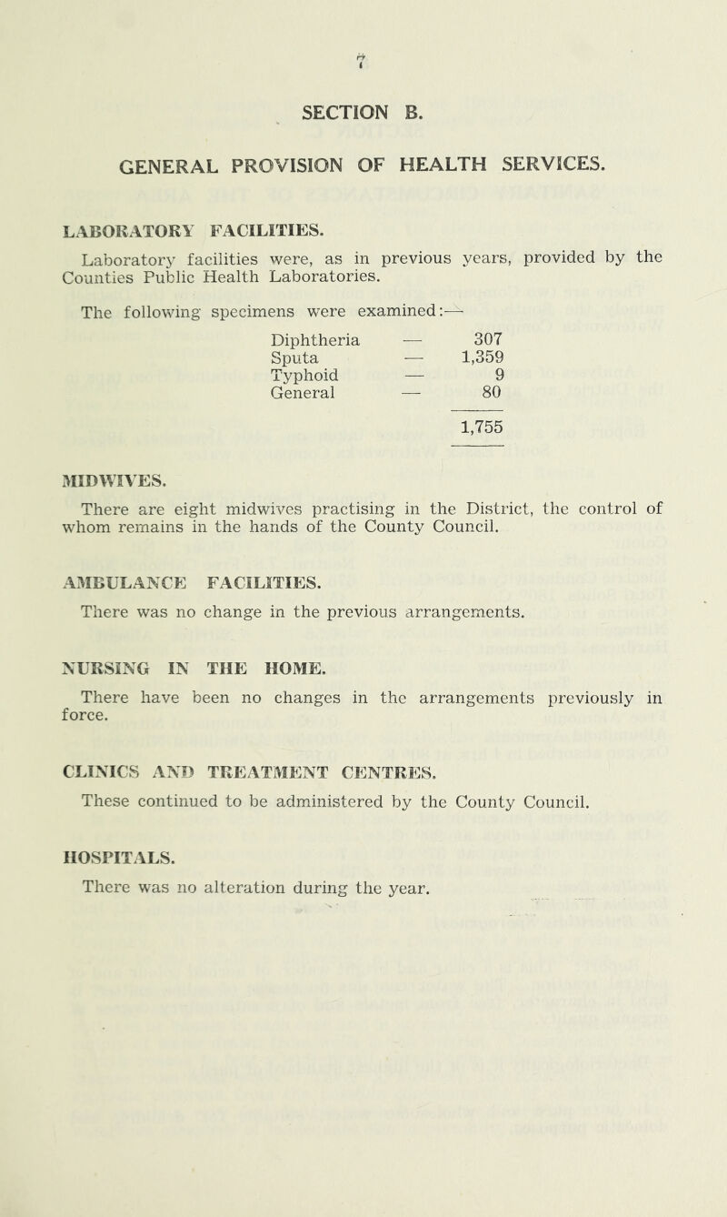 SECTION B. GENERAL PROVISION OF HEALTH SERVICES. LABORATORY FACILITIES. Laboratory facilities were, as in previous years, provided by the Counties Public Health Laboratories. The following specimens were examined:— Diphtheria — 307 Sputa — 1,359 Typhoid — 9 General — 80 1,755 MIDWIVES. There are eight midwives practising in the District, the control of whom remains in the hands of the County Council. AMBULANCE FACILITIES. There was no change in the previous arrangements. NURSING IN THE HOME. There have been no changes in the arrangements previously in force. CLINICS AND TREATMENT CENTRES. These continued to be admanistered by the County Council. HOSPITALS. There was no alteration during the year.
