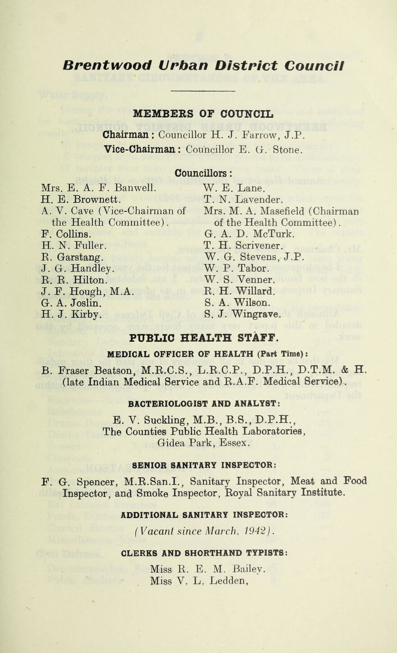 Brentwood Urban District Council MEMBERS OF COUNCIL Chairman; Councillor H. J. Farrow, J.P. Vice-Chairman; Councillor E. G. Stone. Councillors; Mrs. E. A. F. Banwell. H. E. Brownett. A. V. Cave (Vice-Chairman of the Health Committee). F. Collins. H. N. Fuller. K. Garstang. J. G. Handley. B. E. Hilton. J. F. Hough, M.A. G. A. Joslin. H. J. Kirby. W. E. Lane. T. N. Lavender. Mrs. M. A. Masefield (Chairman of the Health Committee). G. A. D. McTurk. T. H. Scrivener. W. G. Stevens, J.P. W. P. Tabor. W. S. Venner. E. H. Willard. S. A. Wilson. S. J. Wingrave. PUBLIC HEALTH STAFF. MEDICAL OFFICER OF HEALTH (Part Time): B. Fraser Beatson, M.E.C.S., L.E.C.P., D.P.H., D.T.M. & H. (late Indian Medical Service and E.A.F. Medical Service). BACTERIOLOGIST AND ANALYST: B. V. Suckling, M.B., B.S., D.P.H., The Counties Public Health Laboratories, Gidea Park, Essex. SENIOR SANITARY INSPECTOR: F. G. Spencer, M.E.San.I., Sanitary Inspector, Meat and Food Inspector, and Smoke Inspector, Eoyal Sanitary Institute. ADDITIONAL SANITARY INSPECTOR: I Vacant since March, 1942). CLERKS AND SHORTHAND TYPISTS: Miss E. E. M. Bailey. Miss V, L, Ledden,