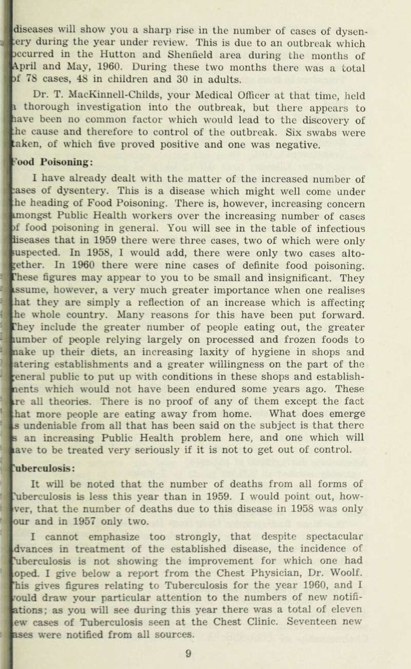 diseases will show you a sharp rise in the number of cases of dysen* :ery during the year under review. This is due to an outbreak which occurred in the Hutton and Shenlield area during the months of A.pril and May, 1960. During these two months there was a total )f 78 cases, 48 in children and 30 in adults. Dr. T. MacKinnell-Childs, your Medical Olhcei’ at that time, held i thorough investigation into the outbreak, but there appears to lave been no common factor which would lead to the discovery of he cause and therefore to control of the outbreak. Six swabs were :aken, of which five proved positive and one was negative. r'ood Poisoning: 1 have already dealt with the matter of the increased number of rases of dysentery. This is a disease which might well come under he heading of Food Poisoning. There is, however, increasing concern imongst Public Health workers over the increasing number of cases )f food poisoning in general. You will see in the table of infectious liseases that in 1959 there w'ere three cases, two of which were only mspected. In 1958, I would add, there were only two cases alto- gether. In 1960 there were nine cases of definite food poisoning. These figures may appear to you to be small and insignificant. They Lssume, however, a very much greater importance when one realises hat they are simply a reflection of an increase which is affecting he whole country. Many reasons for this have been put forward. They include the greater number of people eating out, the greater lumber of people relying largely on processed and frozen foods to nake up their diets, an increasing laxity of hygiene in shops and atering establishments and a greater willingness on the part of the :eneral public to put up with conditions in these shops and establish- ments which would not have been endured some years ago. These .re all theories. There is no proof of any of them except the fact hat more people are eating away from home. What does emerge s undeniable from all that has been said on the subject is that there 3 an increasing Public Health problem here, and one which will lave to be treated very seriously if it is not to get out of control. 'oberculosis: It vsill be noted that the number of deaths from all forms of Mberculosis is less this year than in 1959. I would point out, how- ver, that the number of deaths due to this disease in 1958 was only our and in 1957 only two. I cannot emphasize too strongly, that despite spectacular dvances in treatment of the established disease, the incidence of Mberculosis is not showing the improvement for which one had oped. I give below a report from the Chest Physician, Dr. Woolf, his gives figures relating to Tuberculosis for the year 1960, and I -ould draw your particular attention to the numbers of new notifi- ations; as you wll see during this year there was a total of eleven ew cases of Tuberculosis seen at the Chest Clinic. Seventeen new ases were notified from all sources.