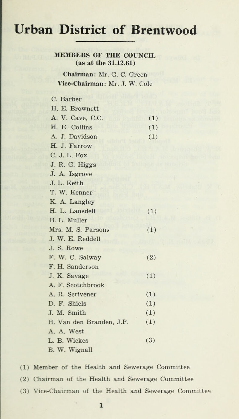 MEMBERS OF THE COUNCIL (as at the 31.12.61) Chairman: Mr. G. C. Green Vice-Chairman: Mr. J. W. Cole C. Barber H. E. Brownett A. V. Cave, C.C. (1) H. E. Collins (1) A. J. Davidson (1) H. J. Farrow C. J. L. Fox J. R. G. Higgs J. A. Isgrove J. L. Keith T. W. Kenner K. A. Langley H. L. Lansdell (1) B. L. Muller Mrs. M. S. Parsons (1) J. W. E. Reddell J. S. Rowe F. W. C. Salway (2) F. H. Sanderson J. K. Savage (1) A. F. Scotchbrook A. R. Scrivener (1) D. F. Shiels (1) J. M. Smith (1) H. Van den Branden, J.P. (1) A. A. West L. B. Wickes (3) B. W. Wignall (1) Member of the Health and Sewerage Committee (2) Chairman of the Health and Sewerage Committee (3) Vice-Chairman of the Health and Sewerage Committee