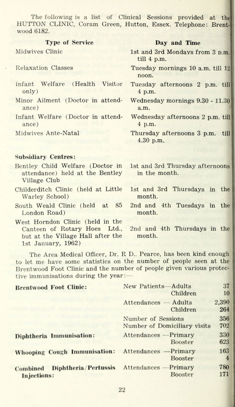 The following is a list of Clinical Sessions provided at the HUTTON CLINIC, Coram Green, Hutton, Essex. Telephone: Brent- wood 6182. Type of Service Midwives Clinic Relaxation Classes Infant Welfare (Health Visitor only) Minor Ailment (Doctor in attend- ance) Infant Welfare (Doctor in attend- ance) Midwives Ante-Natal Subsidiary Centres: Bentley Child Welfare (Doctor in attendance) held at the Bentley Village Club Childerditch Clinic (held at Little Warley School) South Weald Clinic (held at 85 London Road) West Horndon Clinic (held in the Canteen of Rotary Hoes Ltd., but at the Village Hall after the 1st January, 1962) Day and Time 1st and 3rd Mondays from 3 p.m. till 4 p.m. Tuesday mornings 10 a.m. till 32 noon. Tuesday afternoons 2 p.m. till 4 p.m. Wednesday mornings 9.30 - 11.30 a.m. Wednesday afternoons 2 p.m. till 4 p.m. Thursday afternoons 3 p.m. till 4.30 p.m. 1st and 3rd Thursday afternoons in the month. 1st and 3rd Thursdays in the month. 2nd and 4th Tuesdays in the month. 2nd and 4th Thursdays in the month. The Area Medical Officer, Dr. R D.. Pearce, has been kind enough to let me have some statistics on the number of people seen at the Brentwood Foot Clinic and the number of people given various protec- tive immunisations during the year: Brentwood Foot Clinic: Diphtheria Immunisation: Whooping Cough Immunisation: Combined Diphtheria Pertussis Injections: New Patients -Adults 37 Children 10 Attendances - Adults 2,390 Children 264 Number of Sessions 356 Number of Domiciliary visits 702 Attendances — Primary 330 Booster 623 Attendances - -Primary 163 Booster 4 Attendances Primary 780 Booster 171
