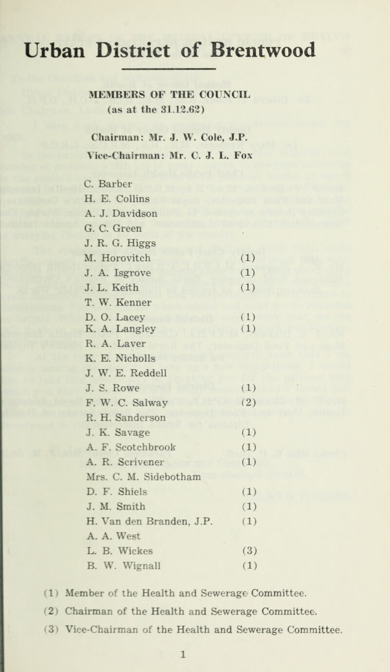 Urban District of Brentwood MEMBERS OF THE COUNCIL (as at the 31.12.62) Chainiian: Mr. J. W. Cole, J.P. Vice-Chairman: Mr. C. J. L. Fox C. Barber H. E. Collins A. J. Davidson G. C. Green J. R. G. Higgs M. Horovitch (1) J. A. Isgrove (1) J. L. Keith (1) T. W. Kenner D. O. Lacey (L) K. A. Langley (1) R. A. Laver K. E. Nicholls J. W. E. Redden J. S. Rowe (1) F. W. C. Salway (2) R. H. Sanderson J. K. Savage (1) A. F. Scotchbrook (1) A. R. Scrivener (1) Mrs. C. M. Sidebotham D. F. Shiels (1) J. M. Smith (1) H. Van den Branden, J.P. (1) A. A. West L. B. Wickes (3) B. W. Wignall (1) (1) Member of the Health and Sewerage- Committee. (2) Chairman of the Health and Sewerage Committee. 3) Vice-Chairman of the Health and Sewerage Committee.