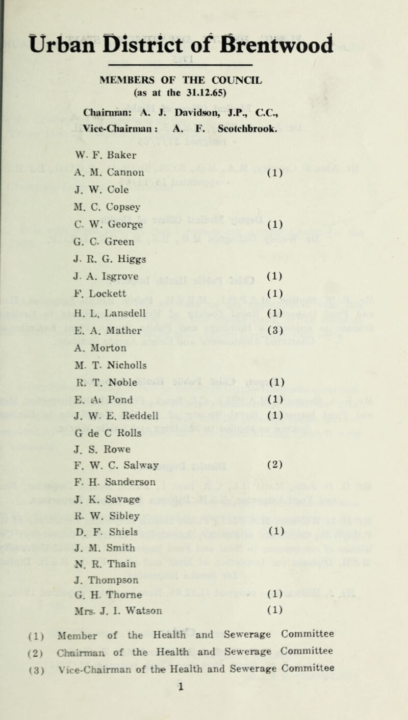 Urban District of Brentwood MEMBERS OF THE COUNCIL (as at the 31.12.65) C'hairnran: A. J. Davidson, J.P., C.C., Vice-Chainiiaii: A. F. Scotchbrook. W. F. Baker A. M. Cannon (1) J. W. Cole M. C. Copsey C. W. George (1) G. C. Green J. R. G. Higgs J. A. Isgrove (1) F. Lockett (1) H. L. Lansdell (1) E. A. Mather (3) A. Morton M. T. Nicholls R. T. Noble (1) E. Al Pond (1) J. W. E. Reddell (1) G de C Rolls .J, S. Rowe F. W. C. Salway (2) F. H. Sanderson J. K. Savage K. W. Sibley D. F. Shiels (1) J. M. Smith N. R. Thain J. Thompson G. H. Thome (1) Mrs. J. 1. Watson (1) (1) Member of the Health and Sewerage Committee (2) Chairman of the Health and Sewerage Committee (.3) Vice-Chairman of the Health and Sewerage Committee