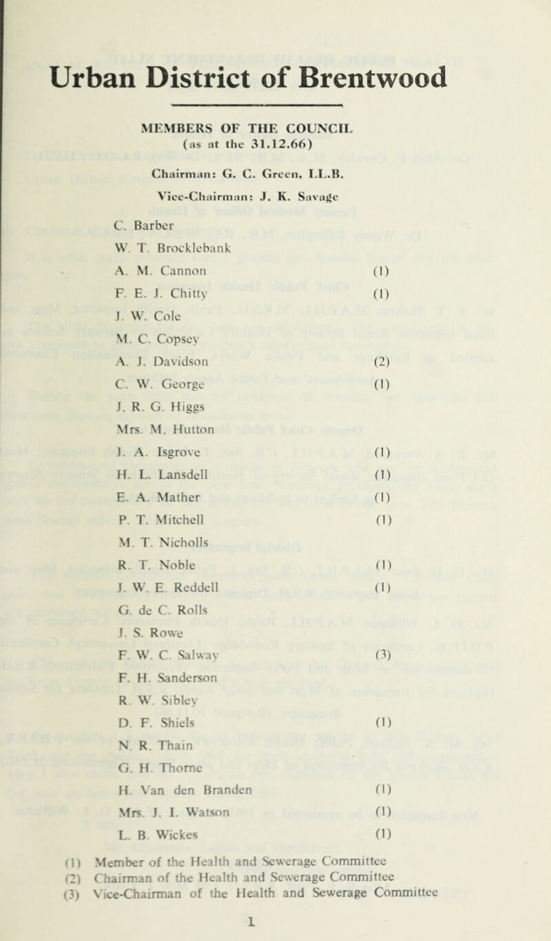 Urban District of Brentwood MEMBERS OF THE COUNCIL (tis at the 31.12.66) Chairman: G. C. Green, LI..B. Viee-Chairman: J. K. Sava)*e C. Barber \V. T. Brocklebank A. M. Cannon (1) F. E. .1. Chitty (1) J. W. Cole M. C. Copsey A. J. Davidson (2) C. \V. George (1) J. R. G. Higgs Mrs. M. Hutton J. A. Isgrove (1) H. L. Lansdell (1) E. A. Mather (1) P. T. Mitchell fl) M. T. Nicholls R. T. Noble (1) J. W. E. Reddell 0) G. de C. Rolls J. S. Rowe F. \V. C. Salway (3) F. H. Sanderson R. W. Sibley D. F. Shiels f1) N. R. Thain G. H. Tbome H. \'an den Branden (I) Mrs. J. I. Watson ri) L. B. Wickes fi) 1) Member of the Health and Sewerage Committee (2) Chairman of the Health and Sewerage Committee (3) Vice-Chairman of the Health and Sewerage Committee