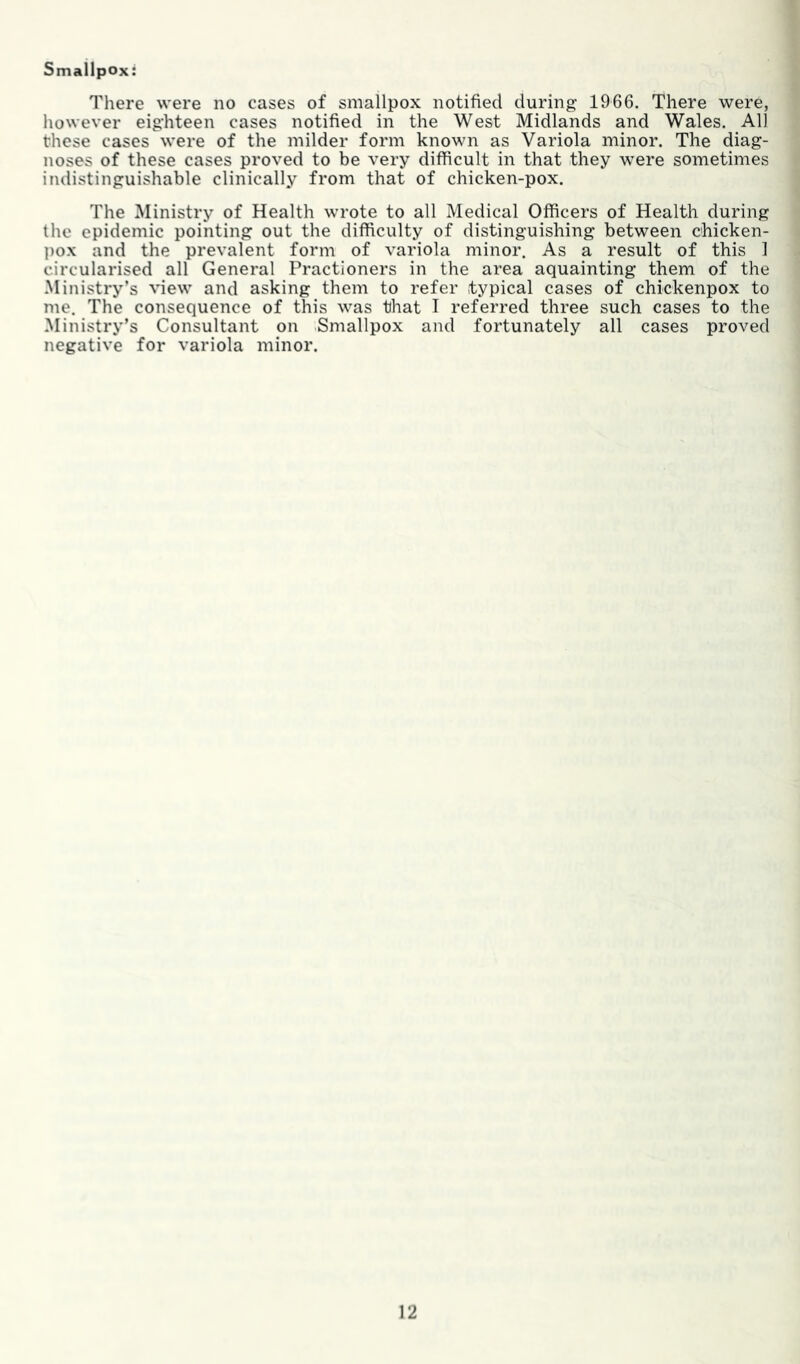 Smallpox: There were no cases of smallpox notified during 1966. There were, liowever eighteen cases notified in the West Midlands and Wales. All these cases were of the milder form known as Variola minor. The diag- noses of these cases proved to be very difficult in that they were sometimes indistinguishable clinically from that of chicken-pox. The Ministry of Health wrote to all Medical Officers of Health during the epidemic pointing out the difficulty of distinguishing between chicken- pox and the prevalent form of variola minor. As a result of this 1 circularised all General Practioners in the area aquainting them of the Ministry’s view and asking them to refer .typical cases of chickenpox to me. The consequence of this was that T referred three such cases to the Ministry’s Consultant on Smallpox and fortunately all cases proved negative for variola minor.