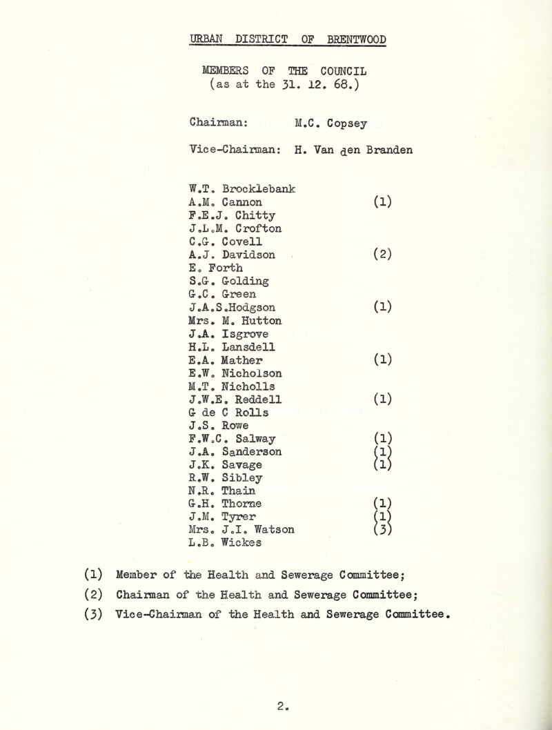 MEMBERS OF THE COUNCIL (as at the 31. 12, 68.) Chaiman; M.C, Copsey Vice-Chairman: H. Van (jen Branden W.T. Brocklebank A,M« Gannon (l) F. E.J. Chitty J.LoM. Crofton C.&, Coveil A.J. Davidson (2) E. Forth S.G. Golding G. C. Green J. A. S.Hodgson (l) Mrs, M. Hutton J.A. Isgrove H. L. Lansdell E.A. Mather (l) E. W, Nicholson M. T, Nicholls J.W.E. Redden (l) G de C Rons J.S, Rowe F. W.C, Salway (l) J.A. Sanderson fl) J.K. Savage (1) R,W, Sibley N. R, Thain G. H. Thome (l) J.M. Tyrer (l) Mrs, J,I. Watson (3; L,Bc Wickes Member of the Health and Sewerage Committee; Chaiman of the Health and Sewerage Committee; 2, (1) (2)