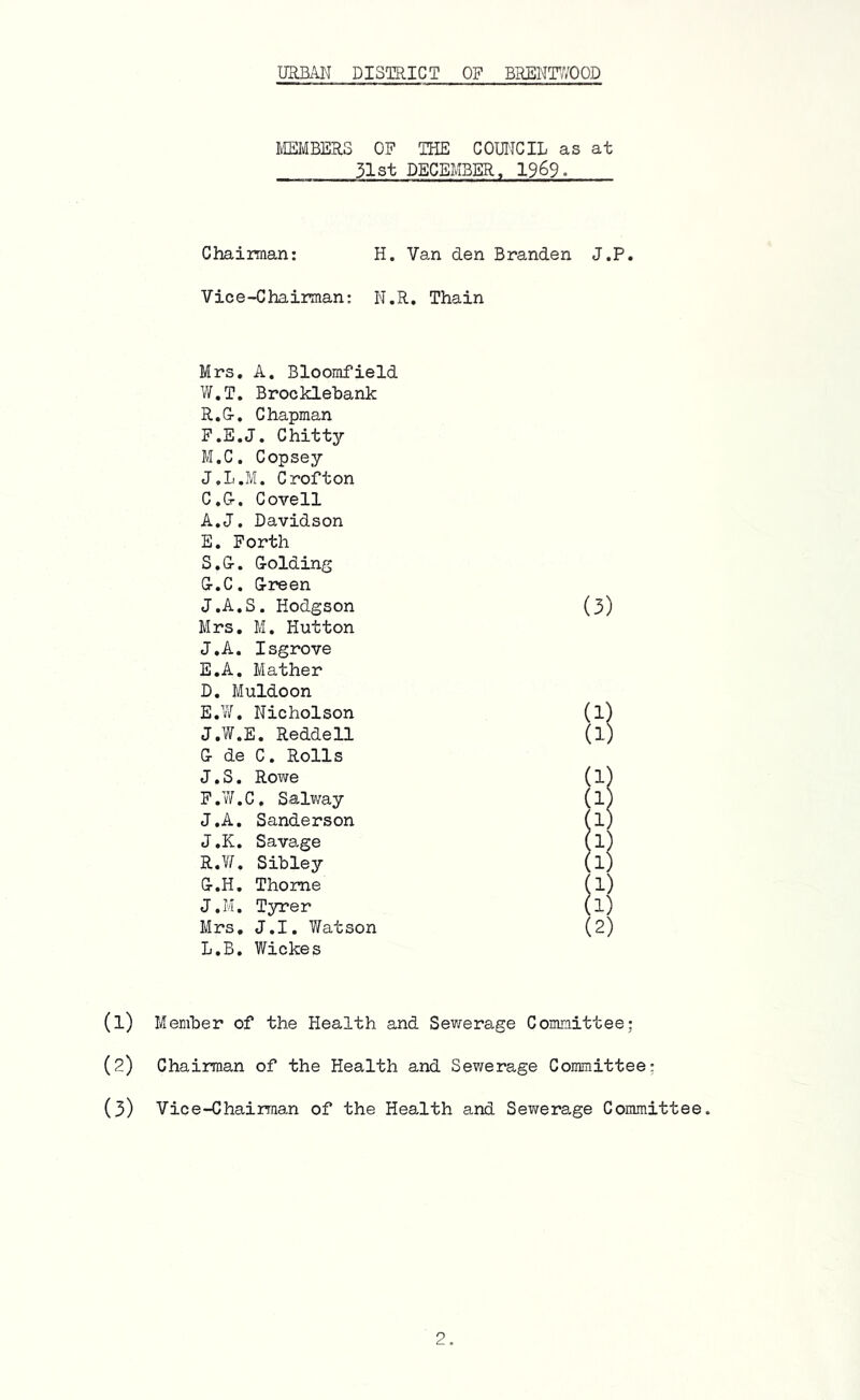 MEI^BERS OF THE COUNCIL as at 31St DECEMBER, 1969. Chaiman H. Van den Branden J.P Vice-Chairman: N.R, Thain Mrs. A. Bloomfield W.T. Brocklebank R. G-. Chapman F.E.J. Chitty M.C. Copsey J.L.M. Crofton C. Cr. Covell A.J. Davidson E. Forth S, &. G-olding G-.C. G-reen J.A.S. Hodgson (3) Mrs, M. Hutton J.A. Isgrove E.A. Mather D. Muldoon E. W. Nicholson J.W.E. Redden G- de C. Rolls J.S. Rowe F.W.C, Salway J.A. Sanderson J.K. Savage RJl. Sibley G-.H. Thome J.M. Tyrer Mrs, J.I. Vfatson L.B. Wickes (2) (1) Member of the Health and Sewerage Committee; (2) Chairman of the Health and Sev/erage Committee; (3) Vice-Chairman of the Health and Sewerage Committee.