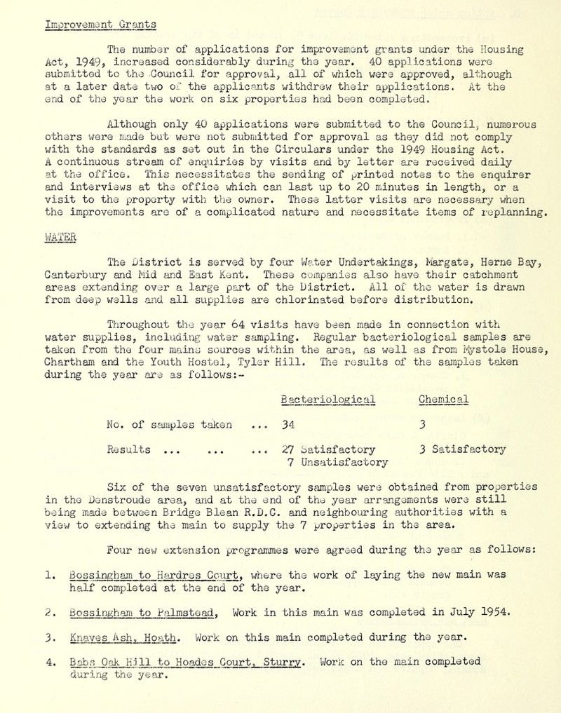 Improvemont Grants The number of applications for improvemont grants under the Housing Act, 1949, increased considerably during the year. 40 applications were submitted to the .Council for approval, all of which were approved, although a,t a later date two oj? the applicants withdrew their applications. At the end of the year the work on six properties had been completed. Although only 40 applications were submitted to the Council, numerous others were made but v;ere not submitted for approval as they did not comply with the standards as set out in the Circulars under the 1949 Housing Act. A continuous stream of enquiries by visits and by letter are received daily at the office. This necessitates the sending of printed notes to the enquirer and interviews at the office which can last up to 20 minutes in length, or a visit to the property with the owner. These latter visits are necessary when the improvements are of a complicated nature and necessitate items of replanning. WATER The district is served by four Water Undertakings, Margate, Herne Bay, Canterbury and Mid and East Kent. These companies also have their catchment areas extending over a large part of the District. All of the water is drawn from deep wells and all supplies are chlorinated before distribution. Throughout the year 64 visits have been made in connection with water supplies, including water sampling. Regular bacteriological samples are taken from the four mains sources within the area, as well as from k^stole House, Chartham and the Youth Hostel, Tyler Hill. The results of the samples taken during the year are as follows Bacteriologic al Chemical No. of samp.les taken ... 34 3 Results ... ... ... 27 Satisfactory 7 Unsatisfactory 3 Satisfactory Six of the seven unsatisfactory sfamples were obtained from properties in the Denstroude area, and at the end of the year arrangements were still being made betv/een Bridge Blean R.D.C. and neighbouring authorities with a view to extending the main to supply the 7 properties in the area. Four new extension programmes were agreed during the year as follows: 1. Bossingham to H^-irdres Court, where the work of laying the new main was half completed at the end of the year. 2. Bossingham to Ralmstead. Work in this main was completed in July 1954. 3* Knaves Ash, Hoath. Work on this main completed during the year. Babs Oak hUll to Hoades Court, Sturry. Worm on the main completed during the year. 4.