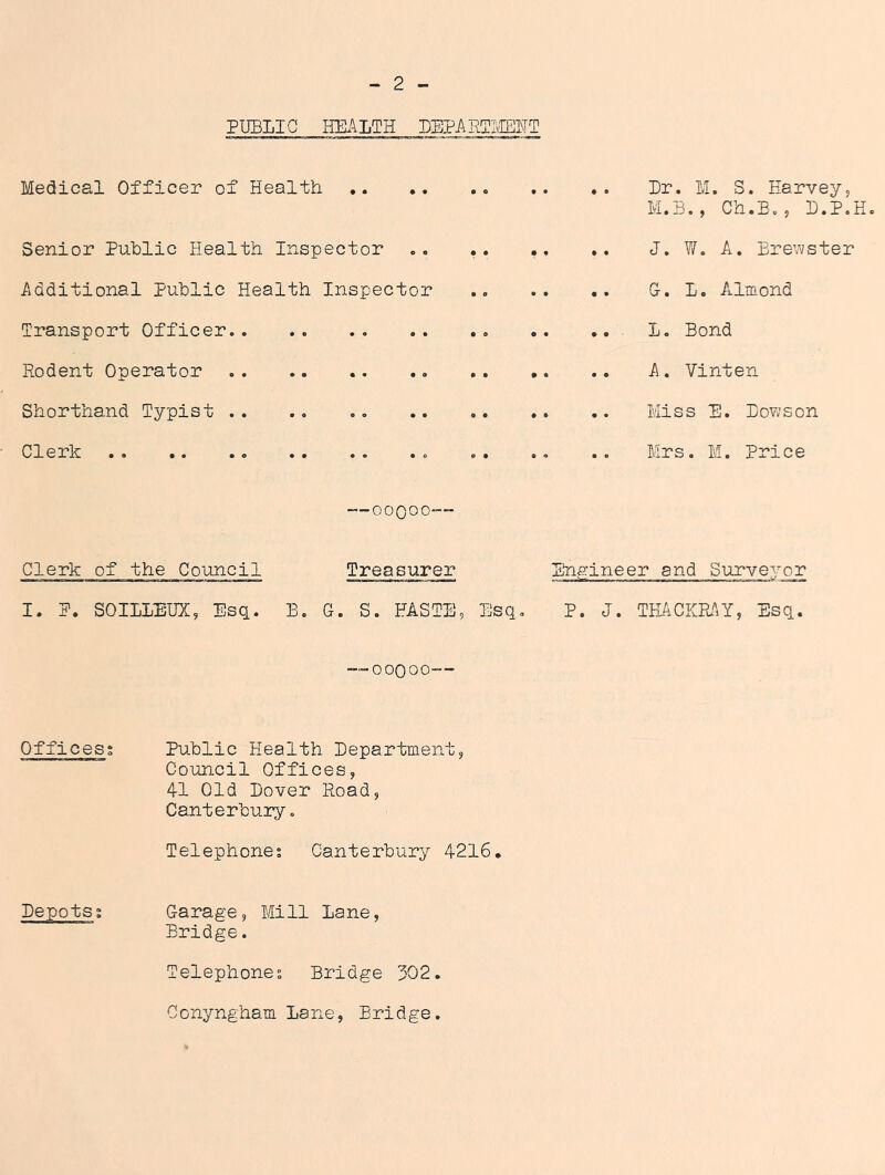 PUBLIC HEALTH PBPARTIvIElMT Medical Officer of Health Dr. M. S. Harvey5 M.B., Ch.B.5 D.P.Ho Senior Public Health Inspector .. .. .. J, W. A. Ere\^ster Additional Public Health Inspector .. .. G. L. Almond Transport Officer .. .. .. L. Bond Rodent Operator .. .. .. .. A. Vinten Shorthand Typist Miss E. Lows on Clerk .0 .. .. Mrs. M. Price —ooooo— Clerk of the Council Treasurer Engineer and Surveyor I. P. SOILLEUX, Esq. B. G. S. HASTE, Esq, P. J. THACKPAY, Esq. — ooooo— Offices; Public Health Department, Council Offices, 41 Old Dover Road, Canterbury. Telephones Canterbury 4216. Depots; Garage, Mill Lane, Bridge. Telephones Bridge 302. Conyngham Lane, Bridge.