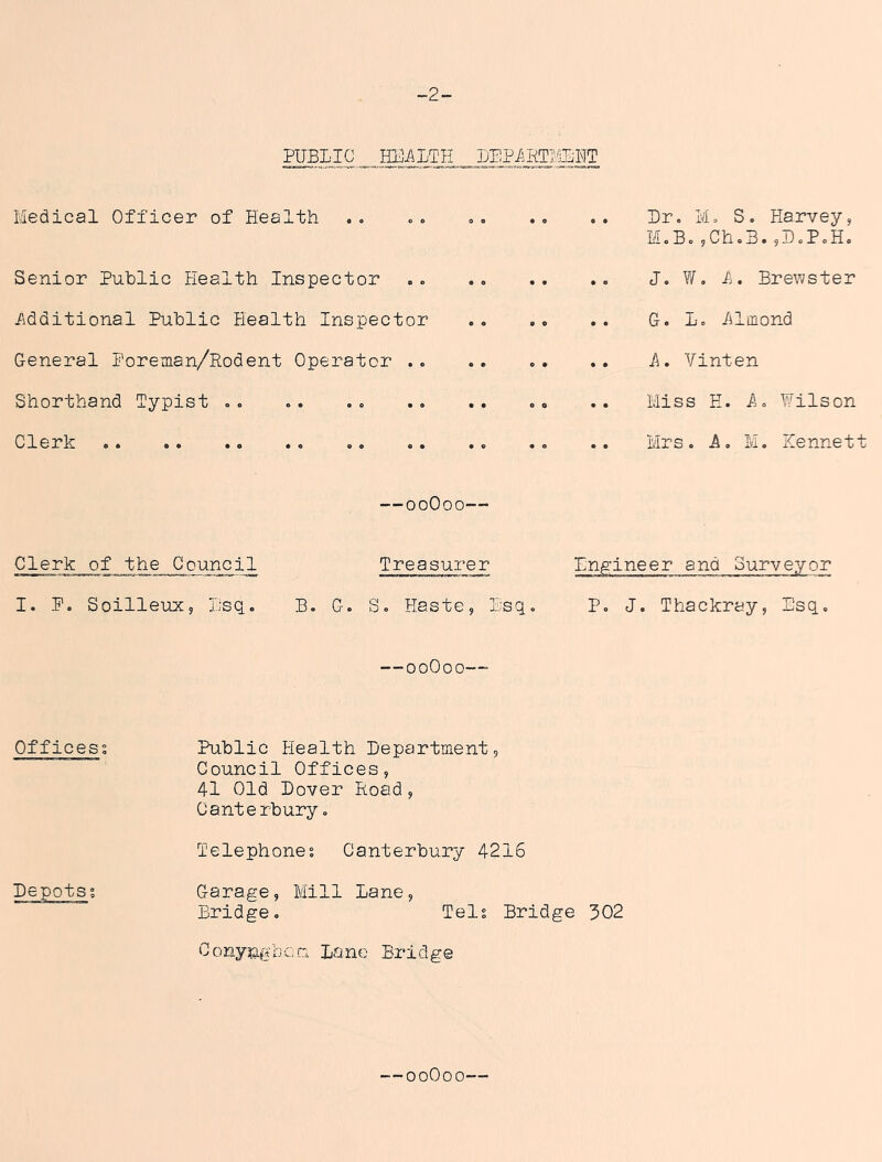 -2- PIIBLIC HEi\LTE Medical Officer of Health .« o. .. .. Hr. M= S. Harvey, MoB.,Ch.B.,HoP.H. Senior Public Health Inspector .. J. ¥/, 1. Brewster /idditional Public Health Inspector G. L. iilmond General Poreman/Rodent Operator .. i\. Vinten Shorthand Typist .. .. .. .. Miss E. A. Wilson Clerk .. Mrs. A, M. Kennett —ooOoo— Clerk of the Council Treasurer Engineer and Surveyor I. P. Soilleux, I;sQ. B. G. S. Haste, Psq. P, J. Thackray, Esq. — ooOoo—■ Offices; Public Health Hepartment, Council Offices, 41 Old Hover Road, Canterbury. Telephone; Canterbury 4216 Hepots; Garage, Mill Lane, Bridge. Tel; Bridge 302 OonyngbcQ Lane Bridge