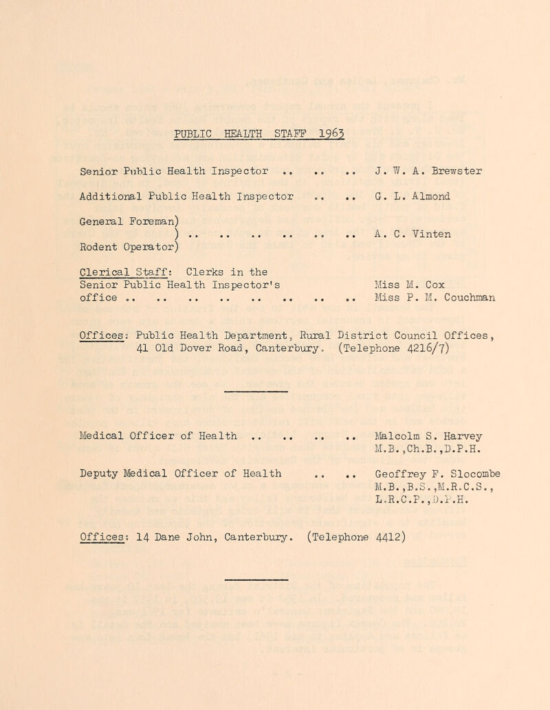 PUBLIC HEALTH STAFF 1963 Senior Public Health Inspector J. ¥/. A. Brewster Additional Public Health Inspector .. G. L, Almond General Foreman) ).. .. .. .. .. .. A.C. Vinten Rodent Operator) Clerical Staff; Clerks in the Senior Public Health Inspector's Miss M. Cox office ,, o. Miss P. M. Couchman Offices; Public Health Department, Rural District Council Offices, 41 Old Dover Road, Canterbury» (Telephone 4216/7) Medical Officer of Health Malcolm S. Harvey M.B.,Ch.B.,D.P.H. Deputy Medical Officer of Health Geoffrey F. Slocombe M.B.,B,S.,M.R.C.S., L.R.C.P.,D.1.H. Offices; I4 Dane John, Canterbury. (Telephone 4412)