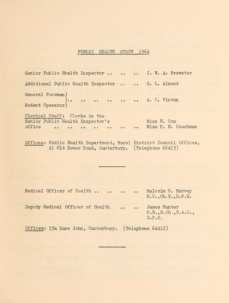 PUBLIC HEALTH STAFF I964 Senior Public Health Inspector .. .. .. J. W. .A.- Brewster Additional Public Health Inspector .. .. G. L. Almond General Foreman) ),. .. A. C. Vinten Rodent Operator) Clerical Staff; Clerks in the Senior Public Health Inspector's Miss M. Cox office .. .. .. Miss P. M. Couchman Offices; Public Health Bepartm^ent, Rural District Council Offices, 41 Old Dover Road, Canterbury. (Telephone 66413) Medical Officer of Health Malcolm S. Harvey M.B.,Ch.B.,D.P.H. Deputy Medical Officer of Health ., .. James Hunter M.B.,B.Ch.,B.A.O., D.P.H. Offices; 15a Dane John, Canterbury. (Telephone 64412)