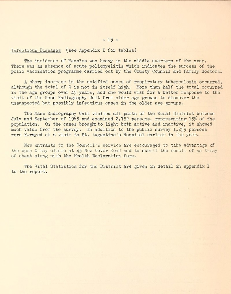 „ 15 - Infectious Diseases (see Appendix I for tables) The incidence of Measles was heavy in the middle quarters of the year. There was an absence of acute poliomyelitis which indicates the success of the polio vaccination programm.e carried out by the County Council and family doctors. A sharp increase in the notified cases of respiratory tuberculosis occurred, although the total of 9 is not in itself high. More than half the total occurred in the age groups over 45 years, and one would virish for a better response to the visit of the Mass Radiography Unit from, older age groups to discover the unsuspected but possibly infectious cases in the older age groups. The Mass Radiography Unit visited all parts of the Rural District between July and September of I963 and examined 2,752 persons, representing 13^ of the population. On the cases broughbto light both active and inactive, it showed much value from the survey. In addition to the public survey 1,259 persons were X-rayed at a visit to St. Augustine's Hospital earlier in the year. New entrants to the Council's service are encoura,ged to take advantage of the open X-ray clinic at 43 Nev: Dover Road and to submit the result of an X-ro.y of chest along vdth the Health Declaration form. The Vital Statistics for the District are given in detail in Appendix I to the report.