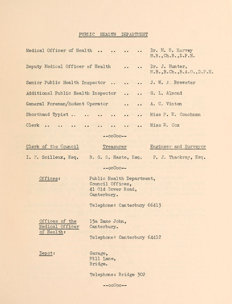 PUBLIC HEALTH DEPARTOtENT Medical Officer of Health .. Deputy Medical Officer of Health Senior Public Health Inspector .. Additional Public Health Inspector General Foreman/Rodent Operator Shorthand lypist .» Clerk .. .. .. .. Dr. M. S. Harvey M.B.,Ch.B.,D.P.H. Dr, J. Hunter, M.B.,B.Ch.,B.A.O.,D.P.H. J. W. A. Brewster G. L. Almond A. C, Vinten Miss P, M. Couchnan Miss M. Cox —ooOoo— Clerk of the Council I. F. Soilleux, Esq, Offices s Treasurer B. G. S. Haste, Esq. —ooOoo— Engineer and Surveyor P. J. Thackray, Esq. Public Health Department, Council Offices, 41 Old Dover Road, Canterbury. Telephone: Canterbury 66415 Offices of the 15a Dane John, Medical Officer Canterbury, of Healths Telephone; Canterbury 64412 Depots Garage, Mill Lane, Bridge. Telephone; Bridge 502