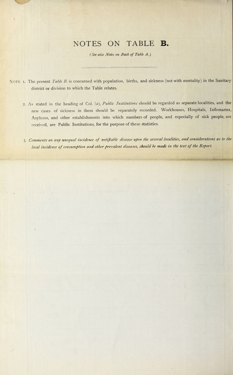(See also Notes on Back of Table A.) Note i. The present Table B. is concerned with population, births, and sickness (not with mortality) in the Sanitary district or division to which the Table relates. 2. As stated in the heading of Col. («), Public Institutions should be regarded as separate localities, and the new cases of sickness in them should be separately recorded. Workhouses, Hospitals, Infirmaries, Asylums, and other establishments into which numbers of people, and especially of sick people, are received, are Public Institutions, for the purpose of these statistics. T Conwietits on any unequal incidence of notifiable disease upon the several localities, and considerations as to the local incidence of consumption and other prevalent diseases, should be made in the text of the Report.