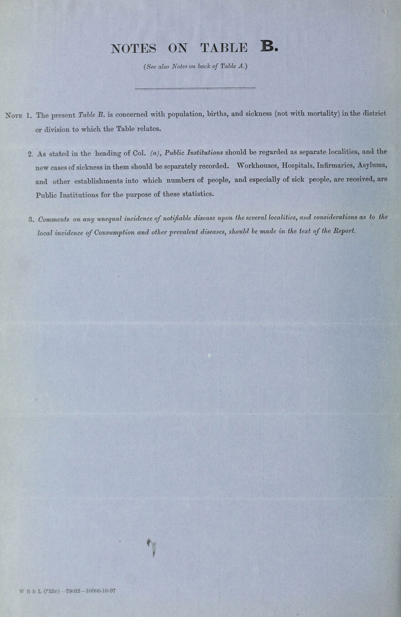 NOTES ON TABLE B. (See also Notes on back of Table A.) Note 1. The present Table B. is concerned with population, births, and sickness (not with mortality) in the district or division to which the Table relates. 2. As stated in the heading of Col. (a), Public Institutions should he regarded as separate localities, and the new cases of sickness in them should he separately recorded. Workhouses, Hospitals, Infirmaries, Asylums, and other establishments into which numbers of people, and especially of sick people, are received, are Public Institutions for the purpose of these statistics. 3. Comments on any unequal incidence of notifiable disease upon the several localities, and considerations as to the local incidence of Consumption and other prevalent diseases, should, be made in the text of the Report. W B A L (f55u) 7 m 32 10000-10-07