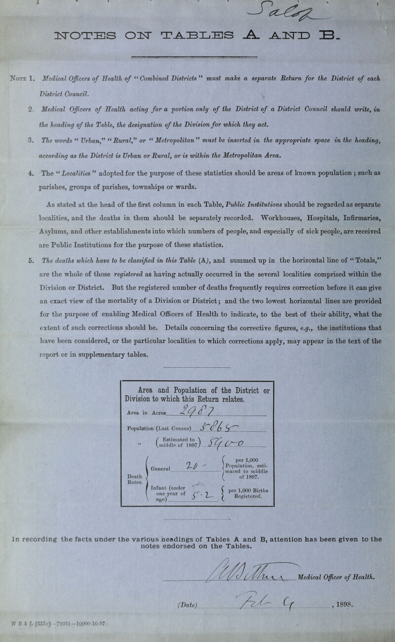 NOTES OTT TABLES .A. JATTTD IB. Note 1. Medical Officers of Health of “ Combined Districts ” must make a separate Return for the District of each District Council. 2. Medical Officers of Health acting for a portion only of the District of a District Council should write, in the heading of the Table, the designation of the Division for which they act. 3. The words “ Urban,” “Rural,” or “ Metropolitan” must be inserted in the appropriate space in the heading, according as the District is Urban or Rural, or is within the Metropolitan Area. 4. The “ Localities ” adopted for the purpose of these statistics should be areas of known population ; such as parishes, groups of parishes, townships or wards. As stated at the head of the first column in each Table, Public Institutions should be regarded as separate localities, and the deaths in them should he separately recorded. Workhouses, Hospitals, Infirmaries, Asylums, and other establishments into which numbers of people, and especially of sick people, are received are Public Institutions for the purpose of these statistics. 5. The deaths which have to be classified m this Table (A), and summed up in the horizontal line of “ Totals,” are the whole of those registered as having actually occurred in the several localities comprised within the Division or District. But the registered number of deaths frequently requires correction before it can give an exact view of the mortality of a Division or District; and the two lowest horizontal lines are provided for the purpose of enabling Medical Officers of Health to indicate, to the best of their ability, what the extent of such corrections should be. Details concerning the corrective figures, e.g., the institutions that have been considered, or the particular localities to which corrections apply, may appear in the text of the report or in supplementary tables. Area and Population of the District or Division to which this Eeturn relates. Area in Acres Population (Last Census). _ S~<P& Death Bates. (J Estimated to ' middle of 1897j Infant (under one year of /'. 7 aeeV 0 ^ per 1,000 ) Population, esti- mated to middle of 1897. per 1,000 Births In recording the facts under the various headings of Tables A and B, attention has been given to the notes endorsed on the Tables. A Medical Officer of Health. (Date) 1898. JV B A I, (5S.7r) 79031-10000-10-07