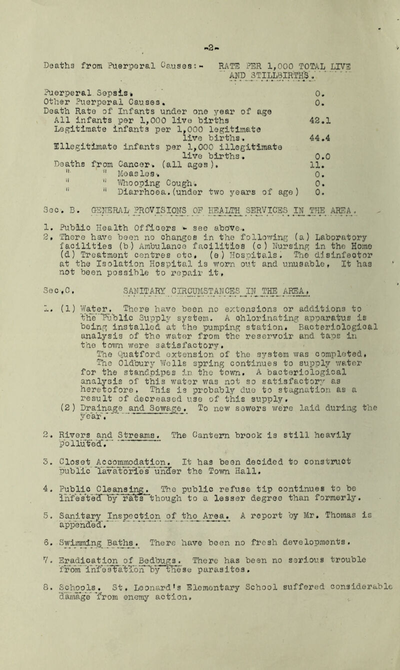 ■2 Deaths from 'Puerperal Causes?*- RATE PER 1,000 TOTAL LIVE ANp_ STILLBIRTHS^' * * Puerperal.Sepsis. 0. Other Puerperal Causes* 0* Death Rate of Infants under one year of age All infants per 1,000 live births 42*1 Legitimate infants per 1,000 legitimate live births. 44*4 Ellegitimate infants per 1,000 illegitimate live births. 0.0 Deaths from Cancer, (all ages), 11. ■ Measles* 0.   Whooping Cough. 0,  n Diarrhoea.(under two years of age) 0. Sec. B. GENERAL PROVISI0NS_ OF HEALTH SERVICES. IN THE AREA . 1. Public Health Officers see above.. 2. There have been no changes in the following (a) Laboratory facilities (b ) Ambulance facilities (c ) Nursing in the Home (d) Treatment centres etc. (e) Hospitals. The dlslnfeotor at the Isolation Hospital is worn out and unusable, It has not been possible to repair it, Sec ,C. SANITARY_C1RCUMSTANBES _IN_THE_AREA, 1. (1) Water, There have been no extensions or additions to *the 'Public Supply system. A chlorinating apparatus is being installed at the pumping station. Bacteriological analysis of the water from the reservoir and taps in the town were satisfactory* The Quatford extension of the system was completed. The Oldbury Wells spring continues to supply water for the standpipes in the town. A bacteriological analysis of this water was not so satisfactory as heretofore. This is probably due to stagnation as a result of decreased use of this supply. (2) Drainage and Sewage, To new sewers were laid during the year-, 2 . Rivers and Streams. The Cantem brook is still heavily pollute'dV ’ 3. Closet Accommodation. It has been decided to construct public 'lavatories under the Town Hall. 4. Public Cleansing. The public refuse tip continues to be infeVted by~~rats though to a lesser degree than formerly. 5. Sanitary Inspection of the Area. A report by Mr. Thomas is appended*.”” 6. Swimming Baths. There have been no fresh developments. 7. Eradication of Bedbugs^ There has been no serious trouble from* infe’st at To n^by^these parasites , 8. Schools. St, Leonard’s Elementary School suffered considerable damage 'from enemy action.