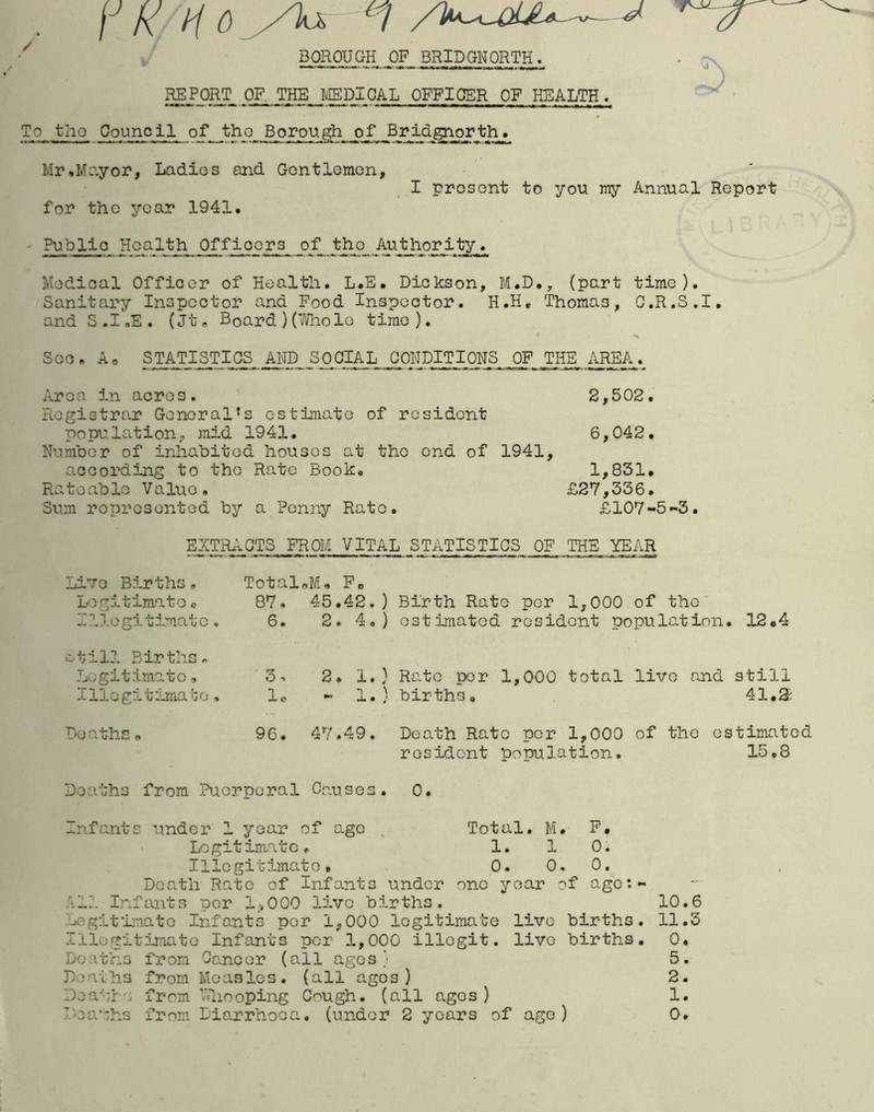 BOROUGH OF BRIDGNORTH. . rp. J IMPORT OF THE MEDICAL OFFICER OF HEALTH. To tho Council of the Borough of Bridgnorth. Mr»Mr.yor, Ladies and Gentlemen, I present to you my Annual Report for tho year 1941. ' Bublie Health Offioors of the Authority. Medical Officer of Health. L.E. Dickson, M.D., (part time). Sanitary Inspector and Food Inspector. H.H, Thomas, G.R.S.I. and S.I.E. (Jt, Board ) (’iVholo time). See. Ao STATISTICS AIID SOCIAL OONDITIONS OF THE A^^^^ Area in acres. 2,502. Registrar General^s estimate of resident population, mid 1941. 6,042. Number of inhabited houses at the end of 1941, according to the Rate Book. 1,831. Rateable Value. £27,336. Sum represented by a Penny Rato. £107-53. EXTIL^CTS FROM VITAL STATISTICS OF THE YEAR Live Births, Legitimate o I?J.egitimato. TotalnM. Fo 87. 45.42.) Birth Rate per 1,000 of the 6. 2. 4.) estimated resident population. 12.4 otill Births. .Legitimate, IllogitimaGo. 3, 2. 1.) Rate per 1,000 total live and still lo - 1.) births, 41,2; Deaths, 96. 47.49. Death Rate per 1,000 of the estimated resident population. 15.8 Deaths from Piaorperal Causes. 0. Infants under 1 year of age Total, M. F, Legitimate. 1. 1 0. Illegitimate. 0. 0. 0. Death Rate of Infants under one year of age:- All Infants per 1_>000 live births, 10.6 .’Gegitimato Infants per 1,000 legitimate live births. 11.3 Illegitimate Infants per 1,000 illegit. live births. 0. Deaths from Oa.nccr (all ages) 5, Deaths from Measles, (all ages) 2. Deahre from V*liooping Cough, (all ages) 1. Ihauhs from Diarrhoea, (under 2 years of ago) 0.
