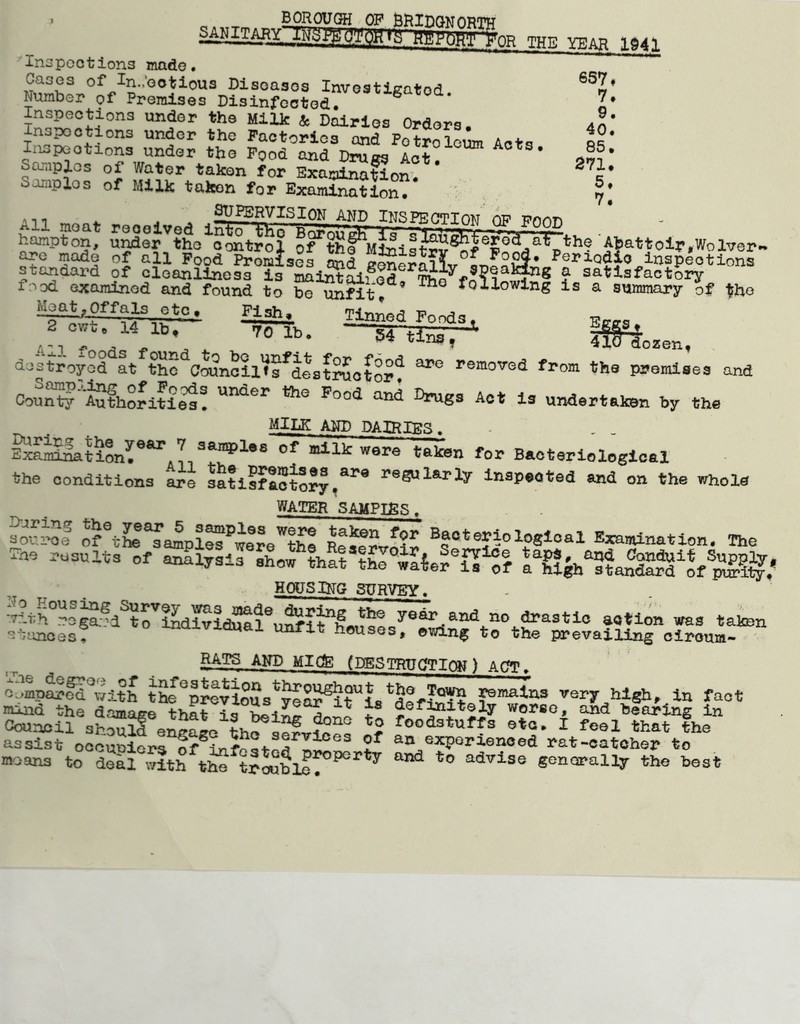 borough sanitaryTH?^ OP bridonor Inspections made, Disoasos Invostigatod. Number of Premises Disinfected. ^ Inspections under the Milk & Dairies Orders. Inspections under the Factories and Petroleum Acts laapeotions under the Pood and Drugg Act. sampios of Water taken for Exawina^on. Somplos of Milk taken for ExarainatlonV , t flnPT^DTrToT/NtT ^ ■ ' I OR THE YEAR 1941 A”’ ^ j ^ j ^a*v.y ^OZrcIX^ destroyed at the CouncilVs^destructor? removed from the premises and County A^horiti^! ^gs Act is undertaken by the MILK AND DAIRIES. E xamina t ion^ , 7 sanqples of milk were taken for Bacteriological the conditions are satlsflcS?^,^^® regularly inspected and on the whole WATER SAMPIBS. source of%he^a^pl^^wlre^t^ ReSrvolr Examination. The ao rasults of analygla ahow that the°^Ster®R^| HOUSING SURVEY. ■^?rh°r=^?d^?rMldStfuSlM® ye^.and no^drastic aotion wag taton stances? -«^aiviauai unfit houses, owing to the prevailing ciroum- ' RAJI^ AND MldS (DESTRUCTlCa?) ACfT. c^mparS^/ith tbe^pJtvlous^^S^t^L ^defvery high, in fact mind the damage that is li and bearing in Council should eno'arro t-vin. ^ ^2 ^®®^3tuffs eta. I feel that the assist occuuiera of^infosto^^n?^^^ an experienced rat-catcher to moans to deal ^ advise generally the best