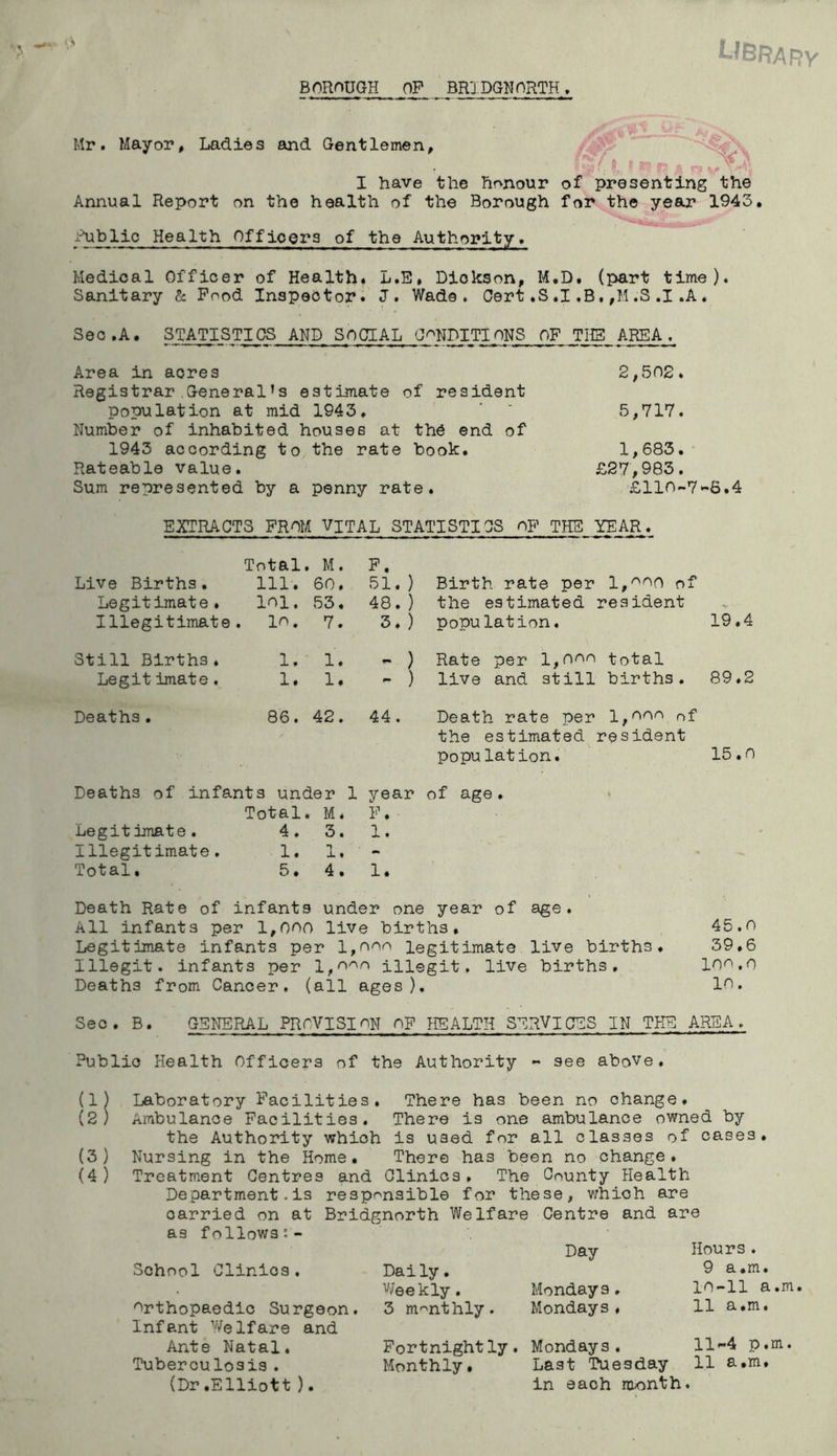 BOROUGH OP BR'JDGHORTH, Mr. Mayor, Ladies and Gentlemen, I have the honour of presenting the Annual Report on the health of the Borough year 1943, ihgblio Health Officers of the Authority, Medical Officer of Health. L.E, Dickson, M,D, (part time). Sanitary & Pood Inspector. J. Wade. Oert,S.1,B,,M.3.1 .A * Sec .A. STATISTICS AND SOOIAL C^HDITipNS OF THS AREA . Area in acres Registrar General’s estimate of resident population at mid 1943, Number of inhabited houses at the end of 1943 according to the rate book. Rateable value. Sum represented by a penny rate. 2,502, 5,717. 1,683.- £27,983. £110-7-6.4 EXTRACTS FROM VITAL STATISTICS oF THE YEAR. Total . M. P. Live Births, 111, 60, 51, ) Birth rate per l,^on of Legitimate . lol. 53. 48. ) the estimated resident Illegitimate . lo. 7. 3. ) population. 19.4 Still Births. 1. 1. ) Rate per l,oon total Legitimate. 1. 1. - ) live and still births. 89.2 Deaths. 86, 42. 44. Death rate per 1,000 of the estimated population. resident 15.0 Deaths of infants under 1 year of age. . Total . M. F. Legitimate. 4. 3. 1. Illegitimate. 1. 1, - Total, 5. 4. 1. Death Rate of infants under one year of age. All infants per l,0OO live births, 45.0 Legitimate infants per l,oon legitimate live births, 39,6 Illegit. infants per l,0'^.o iHegit. live births, loo.o Deaths from Cancer, (all ages), 10. Sec, B, GENERAL PROVISION OF HEALTH SERVICES IN THE AREA. Public Health Officers of the Authority - see above, (1) Laboratory Facilities, There has been no change, (2) Ambulance Facilities. There is one ambulance owned by the Authority which is used for all classes of cases, (3) Nursing in the Home, There has been no change, (4) Treatment Centres and Clinics, The County Health Department.is responsible for these, which are carried on at Bridgnorth Welfare Centre and are as follows Day Hours. School Clinics. Daily, ^ a,m. Weekly, Mondays. 10-11 a.m. Orthopaedic Surgeon. 3 m'-'nthly. Mondays. 11 a,m. Infant Welfare and Ante Natal, Fortnightly, Mondays. 11-4 (Dr.Elliott ). in each month. 3 ^