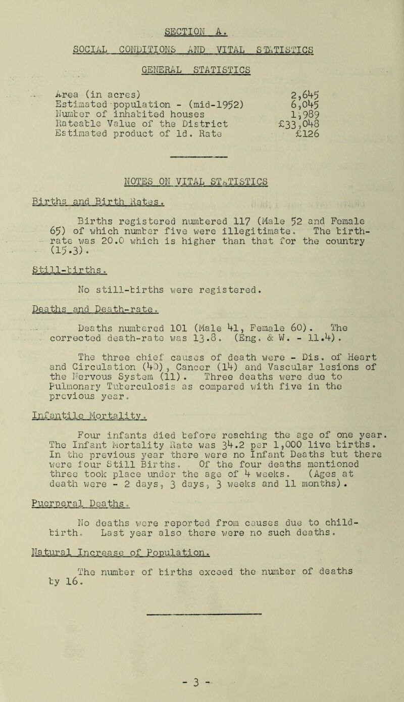 SOCIAL CONDITIONS AND VITAL STATISTICS GEMRAL STATISTICS Area (in acres) Estimated-population - (mid-1952) Nuniter of inhatited houses liateatle Value of the District Estimated product of Id. Rate 2,645 6,045 I3989 £126 NOTES ON VITAL STi-.TI&TICS Births and Birth Rates. Births registered numtered 117 (Male 52 and Female 65) of •'which nurnter five were illegitimate. The tirth- rate was 20.0 which is higher than that for the country (15.3). Still-tirths. No still-tirths were registered. Deaths and Death-rate. Deaths numtered 101 (Male 4l, Female 60). The corrected death-rate vjas 13-8, (Eng, & VJ. - 11.4). The three chief causes of death were - Dis, of Heart and Circulation (40) , Cancer (14) and Vascular lesions of the Nervous System (11) . Three deaths were duo to Pulmonary Tuterculosis as compared with five in the previous year. Infantile Mortality. Four infants died tefore reaching the age of one year. The Infant Mortality Rate was 34.2 per 1,000 live tirths. In the previous year there v;ere no Infan-fc Deaths tut there were four Still Births. Of the four deaths mentioned three took place under the age of 4 vjeeks. (Ages at death wore - 2 days, 3 days, 3 weeks and 11 months). Puerneral Deaths. No deaths wore reported from causes due to child- tirtho Last year also there were no such deaths. Natural Increase of Population. The n-umter of tirths exceed the number of deaths ty 16.