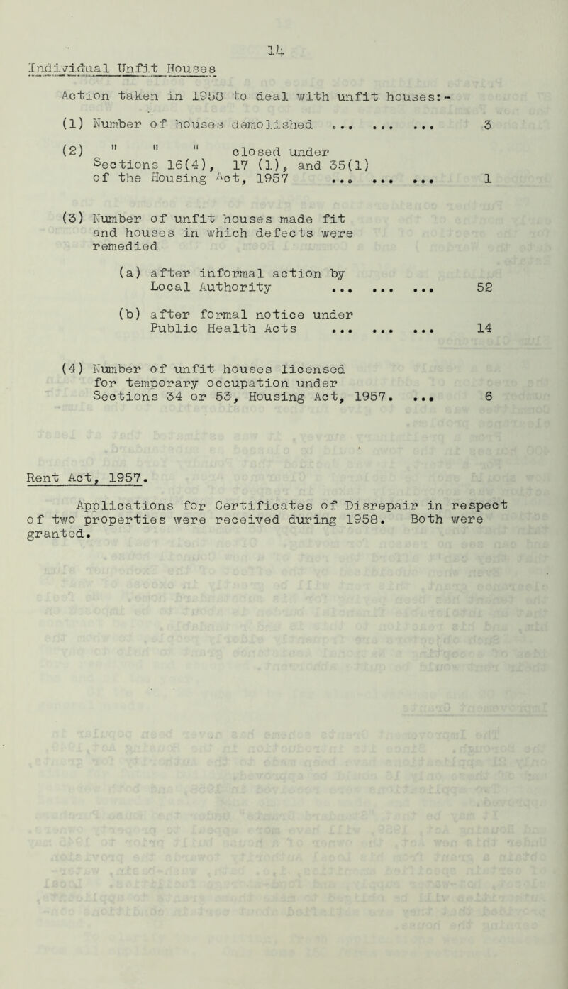 Action taken in 1958 to deal with unfit houses:- (1) Number of houses demolished „ 3 (2)    closed under Sections 16(4), 17 (1), and 35(1) of the Housing Act, 1957 ... 1 (3) Number of unfit houses made fit and houses in which defects were remedied (a) after informal action by Local Authority 52 (b) after formal notice under Public Health Acts ... ... ... 14 (4) Number of unfit houses licensed for temporary occupation under Sections 34 or 53, Housing Act, 1957. ... 6 Rent Act, 1957. Applications for Certificates of Disrepair in respect of two properties were received during 1958. Both were granted.