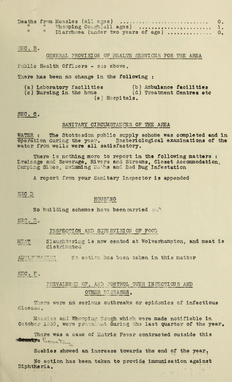  “ Vhooping Coi;.ghvall ages) 1, '* '* Diarrhoea (under two years of age) 0, SEC, B. GENERAL PROVISION OP HEALTH SERVICES FOR T^IE AREA Fuolio Health Officers - see above. Taere has been no change in the following : (a) Laboratory facilities (b) Ambulance facilities (c) Bursing In the home (d) Treatment Centres etc (e) Hospitals. SEC, 0. SANITARY CIRCUMSTANCES OP THE AREA WATER : The Stottssdon public supply scheme was completed and in operation during the year. Bacteriological examinations of the water from wells were all satisfactory. There is nothing more to report in the following matters : Drainage and Sewerage, Rivers and Streams, Closet Accommodation, Carping Sices^ Swimming Dnshs and Bad Bug Infestation A report from your Sanitary Inspector is appended LHC D HOITSTN^ No building schemes have been carried o\i^. INSPECTION AND S'JIERVISION OF FOOD MEAT Siaughtoring is now oented at Wolverhampton, and meat is distributed AD”LT^Ano:.': no action has been taken in this natter sr.p_^._F •> PREVALEN.'jE OF, CONTROL O'TER INFECTIOUS AND OTHER DISEASES, Thore were no serious outbreaks or epidemics cf Infectious dlseaao« Measii.es and Whooping Cough which were made notifiable in October 1C39, were provaio/nt during the last quarter of the year. There was a case of Entric Fever contracted outside this C)-V> Scabies showed an increase towards the end of the year. No action has been taken to provide immunisation against Diphtheria, ,