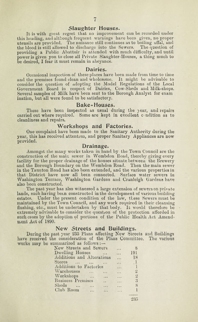 Slaughter Houses. It is with great regret that no improvement can be recorded under this heading, and although frequent warnings have been given, no proper utensils are provided. The nuisance still continues as to boiling offal, and the blood is still allowed to discharge into the Sewers. The question of providing a Public Abattoir is attended with much difficulty, and until power is given you to close all Private Slaughter-Houses, a thing much to be desired, I fear it must remain in abeyance. Dairies. Occasional inspection of these places have been made from time to lime and the premises found clean and wholesome. It might be advisable to consider the question of adopting the Model Regulations of the Local Government 13oard in respect of Dairies, Cow-Sheds and Milk'Shops. Several samples of Milk have been sent to the Borough Analyst for exam ination, but all were found to be satisfactory. Bake-Houses. These have been inspected as usual during the jear, and repairs carried out where required. Some are kept in excellent c indition as to cleanliness and repairs. Workshops and Factories. One complaint have been made to the Sanitary Authority during the year, this has received attention, and proper Sanitary Appliances are now provided. Drainage. Amongst the many works taken in hand by the Town Council are the construction of the main sewer in Wembdon Pvoad, thereby giving every facility for the proper drainage of the houses situate between the Brewery and the Borough Boundary on the Wembdon Road. Then the main sewer in the Taunton Road has also been extended, and the various properties in that District have now all been connected. Surface water sewers in Washington Terrace, V/ashington Gardens and Cranleigh Gardens have also been constructed. The past year has also witnessed a large extension of sewers on private lands, such having been constructed in the development of various building estates. Under the present condition of the law, these Sewers must be maintained by the Town Council, and any work required in their cleansing flushing, etc., must be undertaken by that body. It would therefore be extremely advisable to consider the question of the protection afforded in such cases by the adoption of portions of the Public Health Act Amend- ment Act of 1890, New Streets and Buildings. During the past year 235 Plans affecting New Streets and Buildings have received the consideration of the Plans Committee. The various works may be summarized as follows New Streets and Sewers ... S Dwelling Houses 191 Additions and Alterations 18 Stores .1 Additions to Factories ,,, 1 Warehouses ... ... *2 Workshops Business Premises Sheds Club Room 2 3 8 1 235